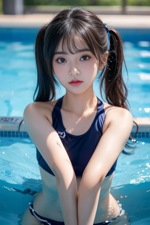 (( )、一人の  girl、(Beauty、繊細な  girl:1.3)、(:1.3)、break、(  NAVY SCHOOL SWIMSUIT  :1.3)、break、  very detailed明瞭さ、(  symmetrical eyes:1.3)、break、(  school pool  、Outdoor:1.3)、break、  small breasts、  Brown Eyes  、  twin tails、  brown hair、  girl、break、(  eye and face details :1.0)、break、(  Masterpiece  、  top quality、  very detailed、  detailed face  、8k)