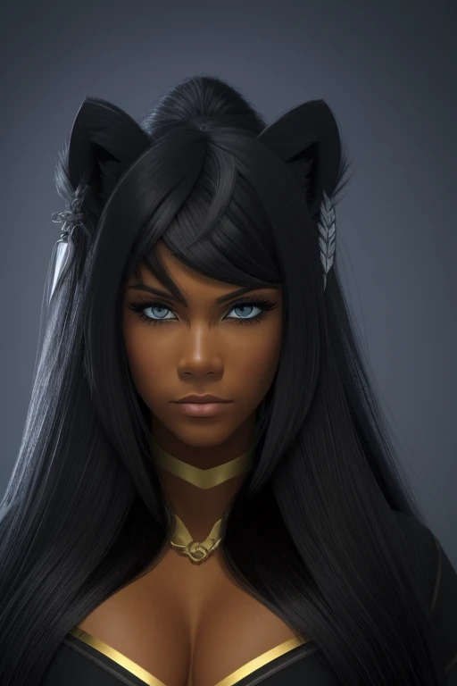 A stunning portrait of a black female dressed as BLACK PANTHER emerges, showcasing intricate tattoos that adorn her visible full body. With a commanding gaze directed at the viewer, the image captures the essence of strength and intensity. The photography technique employed accentuates every minute detail of her skin, resulting in a realistic and photo-realistic depiction. The use of 8k resolution ensures an ultra-detailed representation, with each aspect of the composition meticulously crafted. The full-length frame allows for the appreciation of the character's entire presence, while the Hig? detail RAW color art adds vibrancy and depth to the image. The combination of piercing and diffused soft lighting adds a touch of dramatic flair, enhancing the overall impact. Through the clever utilization of shallow depth of field
