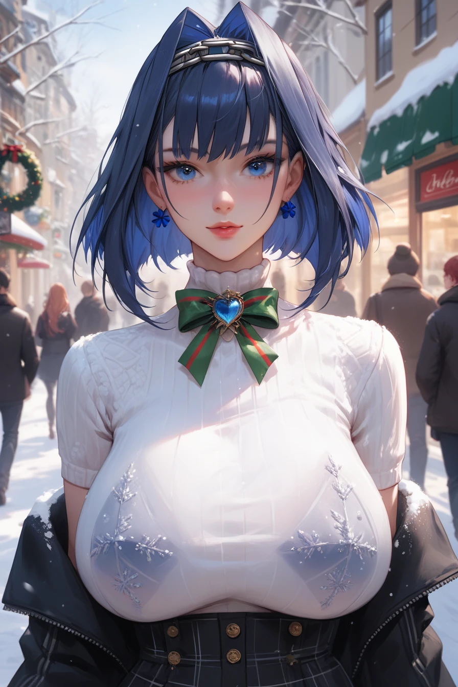 hololive, Ouro Kronii ,  blue eyes , short blue hair,  huge breasts,  elegant translucent white shirt, open winter cover , sitting, French coffee shop ,  in the background of people walking in a French Quarter, Close up image, focus on the face, th3rm4l , colorful, thermal , Score_9, Score_8_up, Score_7_up a hyper-realistic and ultra-detailed photo of a beautiful girl, ultra-realistic, perfecteyes, upper body, snowy, Christmas, Next door is another girl  ((Nanashi Mumei)),