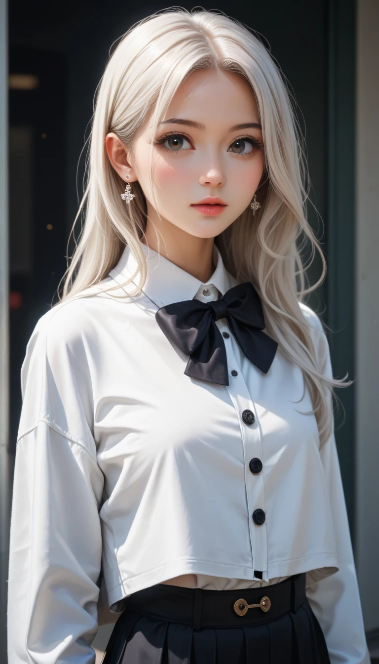 There's a woman with long hair wearing a white jacket and a bow tie,  Korean, realistic young anime girl, Chinese girl, real life anime girl,  anime girl with long hair , white haircut hime ,  Cute natural anime face ,  Realistic 3D anime style , linda, with cute and beautiful face , Beautiful anime portrait, mulher sul-Korean bonita