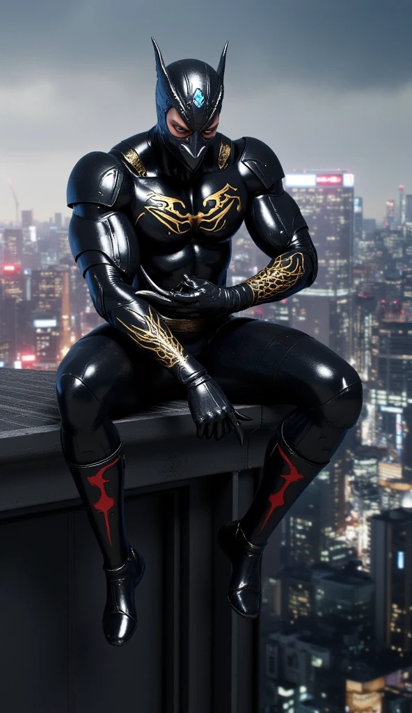  A male ninja is sitting on a city ledge,  cyberpunk art ，Created by Eddie Mendoza , Trending on CGSociety,  Digital Art, Tights , Strong body for men，mask.Headgear .Masked.Jumpsuit.stealth suit ,  is covered by a suit,  detailed figure , The human body , Future Technology City Background, Sitting on the roof,  Hero Pose Colorful City Lights , 高清4K手机wallpaper, 手机wallpaper,  The background is a city , No text, 惊人的wallpaper.Headgear .封閉的mask.（“ Tights，,("leggings
Full body image .  a modern and deadly ninja warrior  ,  wearing tight black combat armor ， Traditional and technological elements  .  He wears a ninja suit with metal details  ,  that combines his shoulders and forearms  ,  and a belt with a golden dragon emblem  . ， , ,   . .  Your posture reflects the perfection of a well-trained ninja  ,  muscular ，Well-proportioned body ,  dragon patterns on the blade  .  with red details  ,  his tall boots  ,  reflect speed and strength  ,  reveal his sight ， cleverly highlight  .  He is also wearing tight gloves with knuckle pads, sleeveless armor, and metal wrist braces.( Perfect Picture  )(Epic Image)(4k images)(  Many special effects  )( wallpaper )( video games )