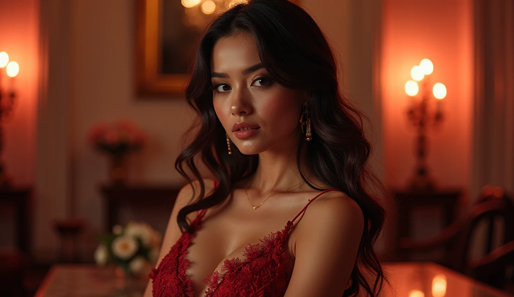 (8k, RAW photo, best quality, depth of field, ultra high res:1.2), (intricate, photorealistic, masterpiece, ultra-detailed), dynamic lighting, a woman in an outdoor restaurant overlooking the ocean, table has food and drinks, candles, vibrant colors, she is styling with a Hawaiian dress, detailed expressive eyes, bright mood lighting,