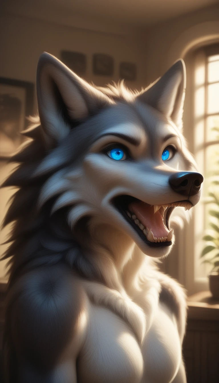 kftenhance, safe_pos, score_9, score_8_up, score_7_up, source_furry, solo, 1boy, indoors, detailed, beautiful, open mouth, anthro, blue eyes, night, anthro ,wolf, in a bedroon, gray body fur, naked, open mouth, long muzzle, full body, standing