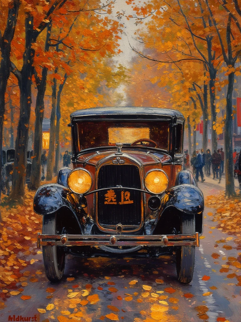 ObYouHua , ObYouHua ，oil painting， The image is vivid ,  The impressionist painting depicts an autumn street scene .  foreground close-up A sedan , World War II classic car ，  body shows “LixueFeng”, headlight on the foreground ,  projects a warm ,  Golden light.  The road underneath the car has visible gravel and dirt textures,  adds realism to the painting .