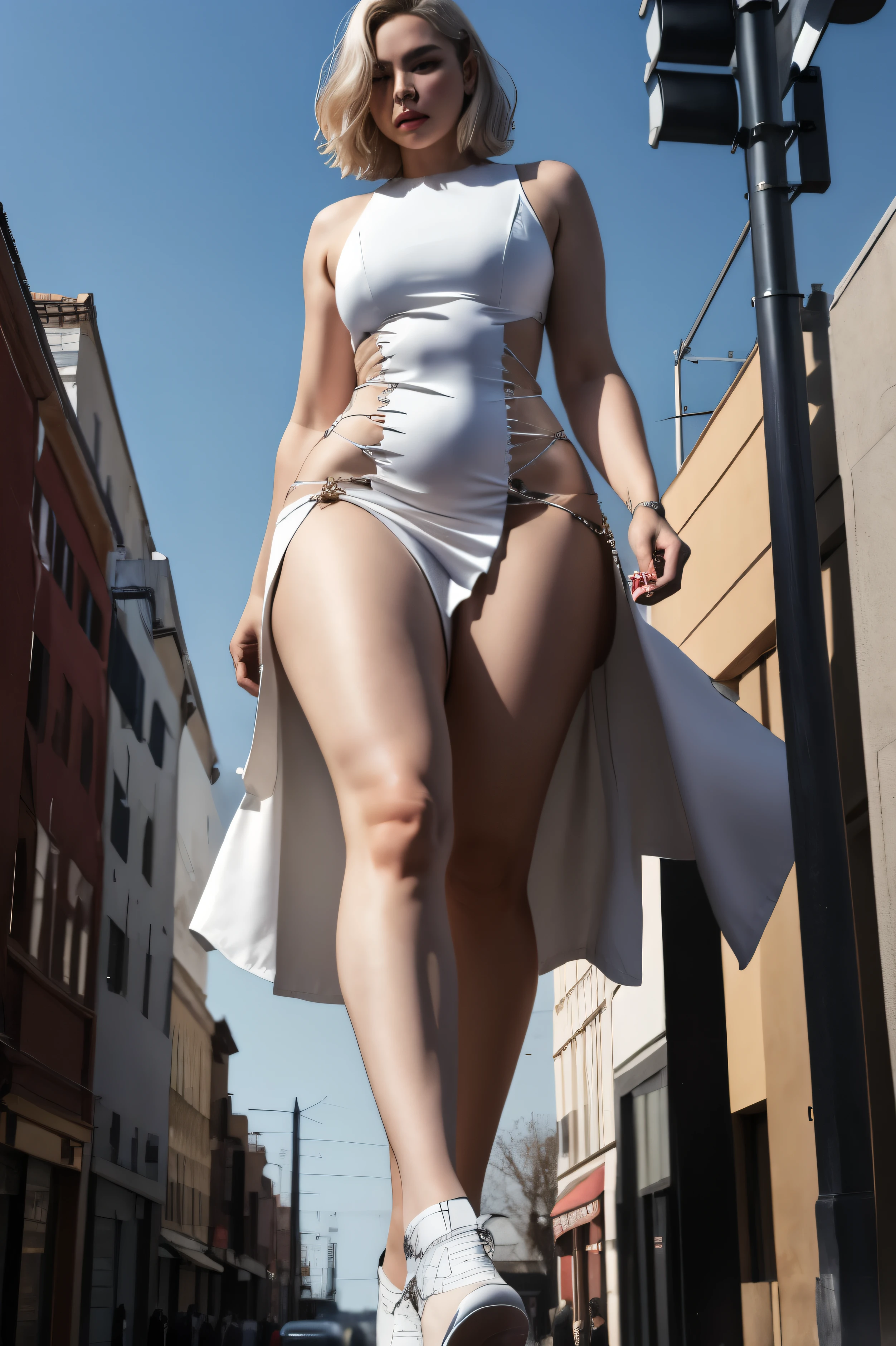 Draw a giant 60-meter-tall human woman walking around the city looking at an adult man underneath her with short white hair wearing a white suit, ripped mini dress with rather thick thighs
