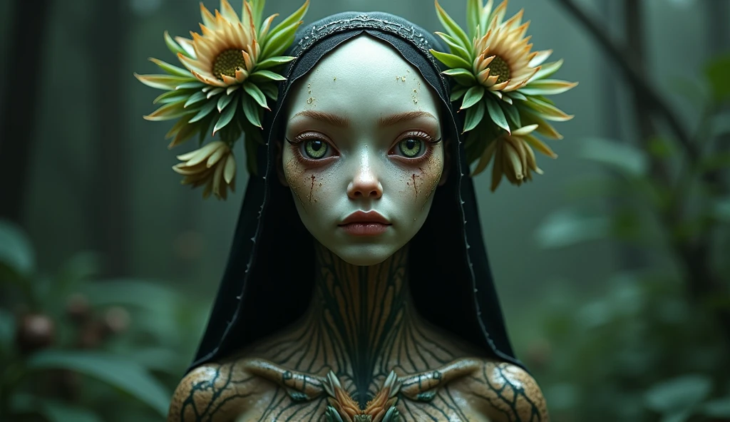 creepy, A radiant sun spirit, bursting with golden rays, floating high above a sunflower field.<lora:spirit_creepy-sdxl-prod-e-000026:1>