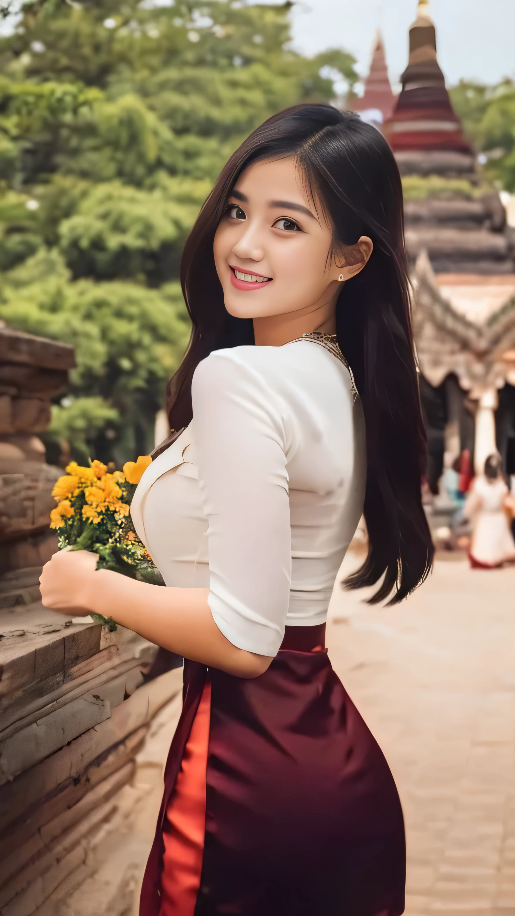 Beautiful and elegant, young Burmese woman, 20 years old, smiling face, happy eyes, pleasant smile, curvy body, not short, not tall, beautiful Burmese dress, long hair, fair skin, high hips, world record-breaking Pagoda pagodas as a natural background, highest clear resolution 16k award-winning Myanmar natural Pagoda view 3d HD HD