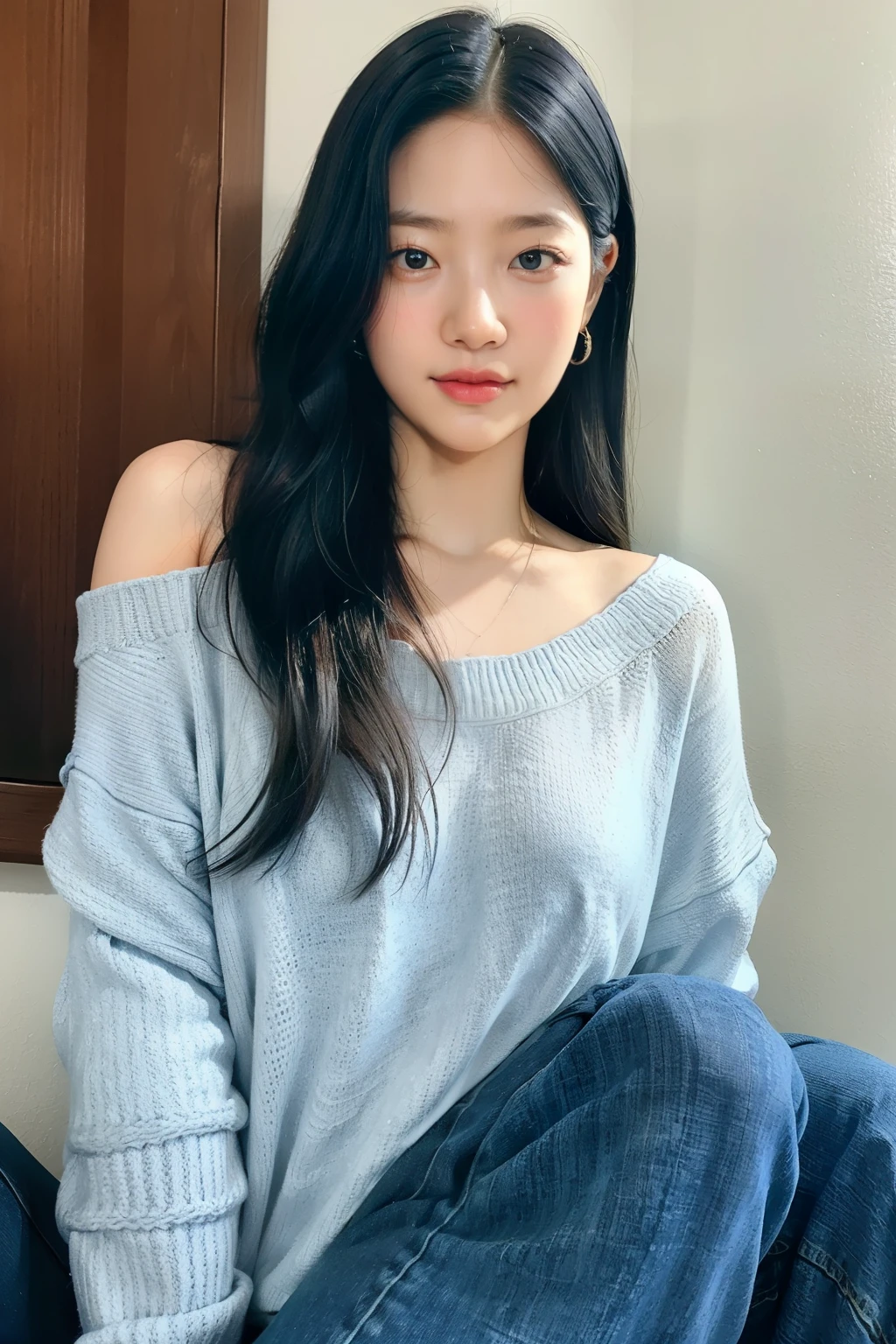 A relaxed woman sitting in a casual pose, wearing blue jeans and a loose-fitting sweater. She appears comfortable and laid-back, her posture slightly slouched as she rests her arms on her knees. The scene is minimalist, set indoors with soft natural lighting coming from a nearby window, creating a calm and cozy atmosphere. The focus is on her effortless style and the casual, tranquil mood