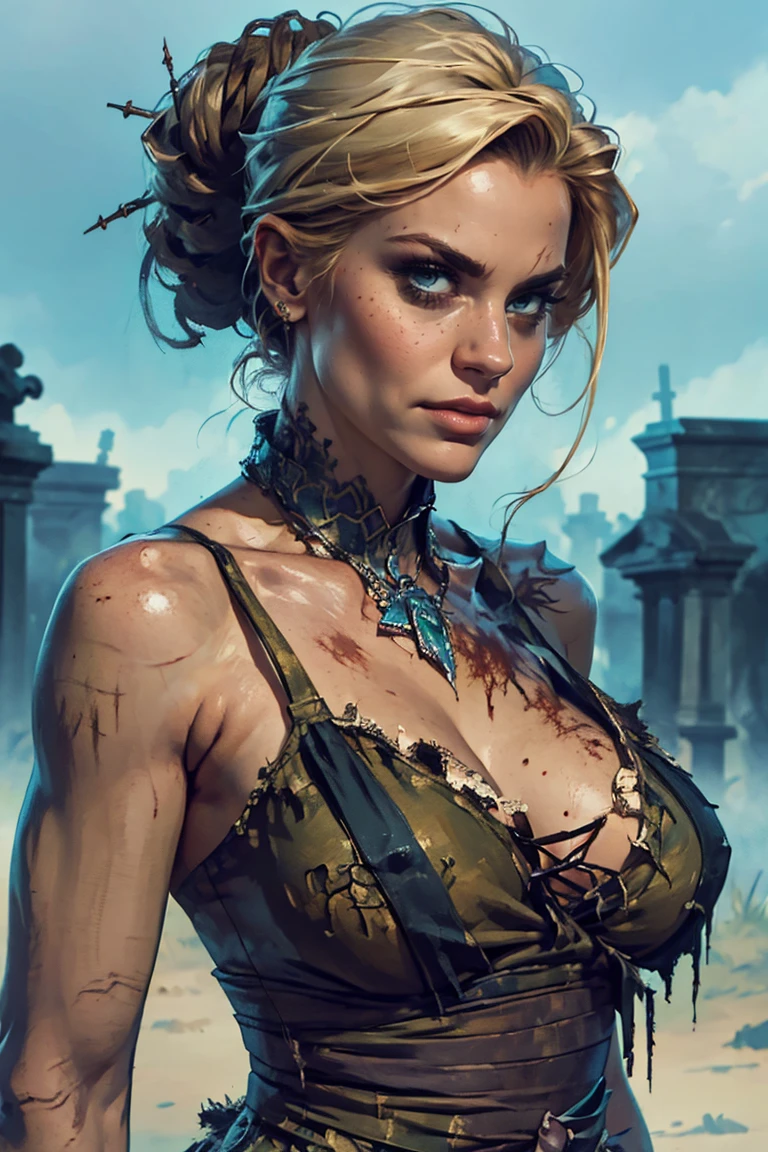 cinematic film still beautiful,masterpiece,best quality,extremely detailed face,perfect lighting,1girl,arms behind head,cowboy shot,cute,flirty,looking at viewer,cammy white,twin braids,long hair,blonde hair,antenna hair,beret,(red headwear:1.3),blue eyes,scar on cheek,(large breasts:1.2),green leotard,sleeveless,red gloves,fingerless gloves,camouflage,. shallow depth of field, vignette, highly detailed, high budget, bokeh, cinemascope, moody, epic, gorgeous, film grain, grainy