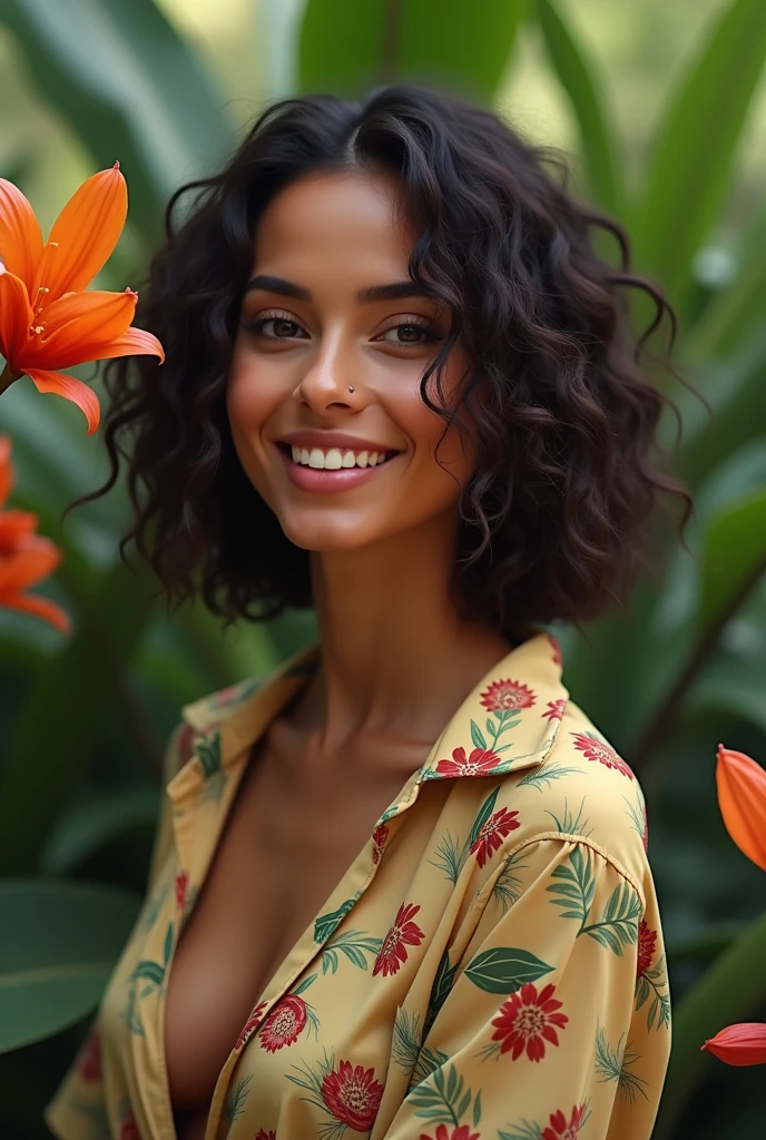 A Brazilian woman in a lush tropical garden, wearing an open shirt with a floral print, with a close-up capturing the harmonious beauty between her breasts and the natural flowers, showing off your natural charm and outgoing personality.