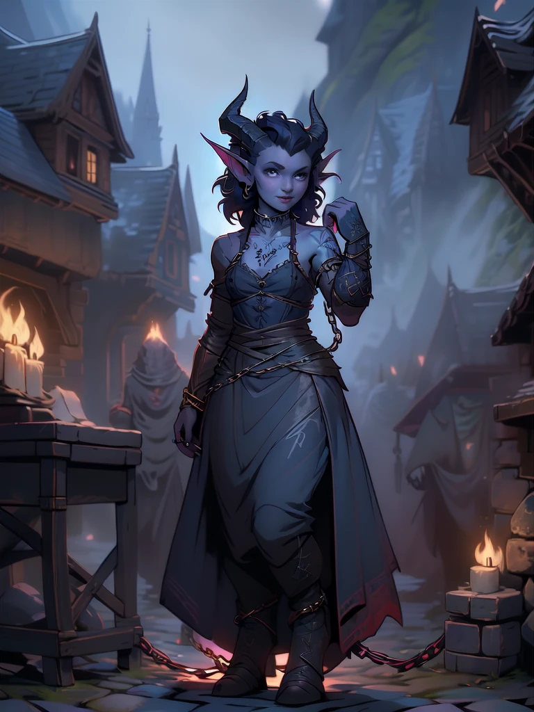 (( beautiful ,  high quality)),  full-length portrait , (slim tall graceful ) score_9, score_8_up, score_7_up, A tiefling, pointed ears, ((very small tiny horns)), ((Black hair up to the neck )) .  1girl, fantasy background, blurred background. Full-length portrait . (( chain tattoo on 1 arm)).  medieval clothing . 