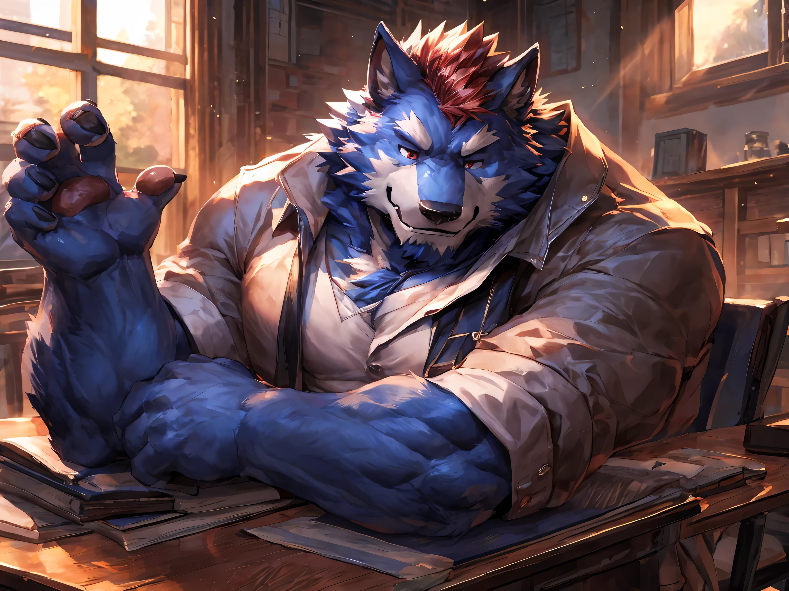 Werewolf, (Short red hair:1.2), (midnight blue toned fur:1.3), solo, sleeping on the desk during class, dozing off in clas, paw pads details, in classroom, afternoon, sit, masterpiece, (16K), HD, Various facial details, detailed background, very detailed, dynamic poses, Eyes details, high resolution, high quality, correct anatomy, cartoon, by lindong, by null-ghost, black banchō uniform, black Japanese delinquent school uniform, morning