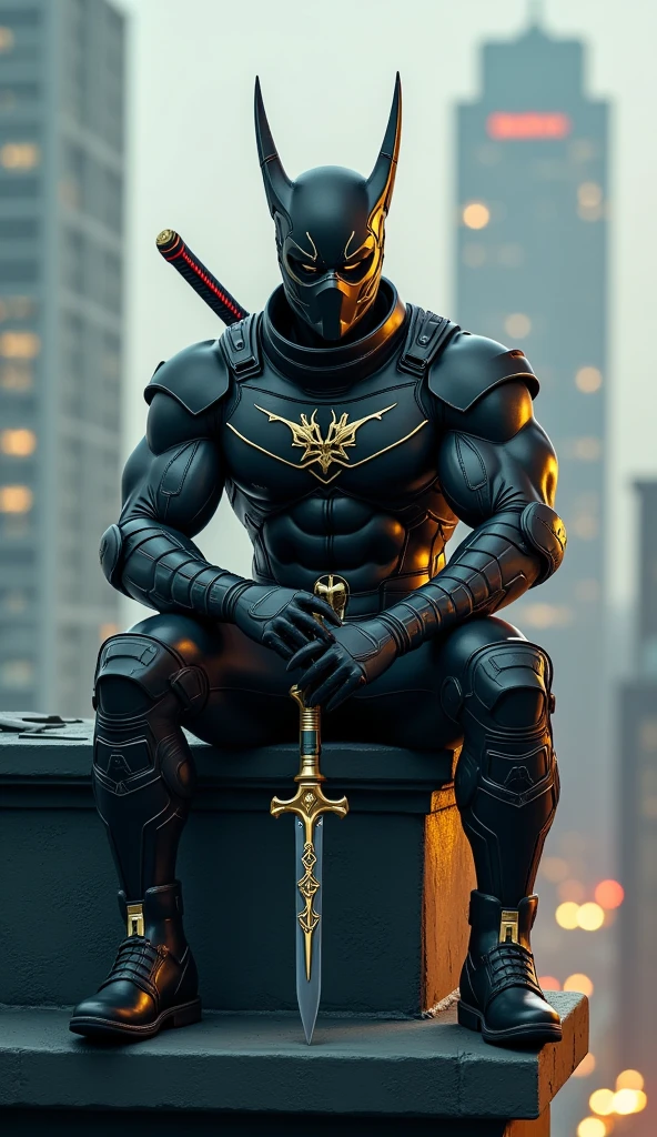  A male ninja is sitting on a city ledge,  cyberpunk art ，Created by Eddie Mendoza , Trending on CGSociety,  Digital Art, Tights , Strong body for men，mask.Headgear .Masked.Jumpsuit.stealth suit ,  is covered by a suit,  detailed figure , The human body , Future Technology City Background, Sitting on the roof,  Hero Pose Colorful City Lights , 高清4K手机wallpaper, 手机wallpaper,  The background is a city , No text, 惊人的wallpaper.Headgear .封閉的mask.（“ Tights，,("leggings
Full body image .  a modern and deadly ninja warrior  ,  wearing tight black combat armor ， Traditional and technological elements  .  He wears a ninja suit with metal details  ,  that combines his shoulders and forearms  ,  and a belt with a golden dragon emblem  . ， , ,   . .  Your posture reflects the perfection of a well-trained ninja  ,  muscular ，Well-proportioned body ,  dragon patterns on the blade  .  with red details  ,  his tall boots  ,  reflect speed and strength  ,  reveal his sight ， cleverly highlight  .  He is also wearing tight gloves with knuckle pads, sleeveless armor, and metal wrist braces.( Perfect Picture  )(Epic Image)(4k images)(  Many special effects  )( wallpaper )( video games )