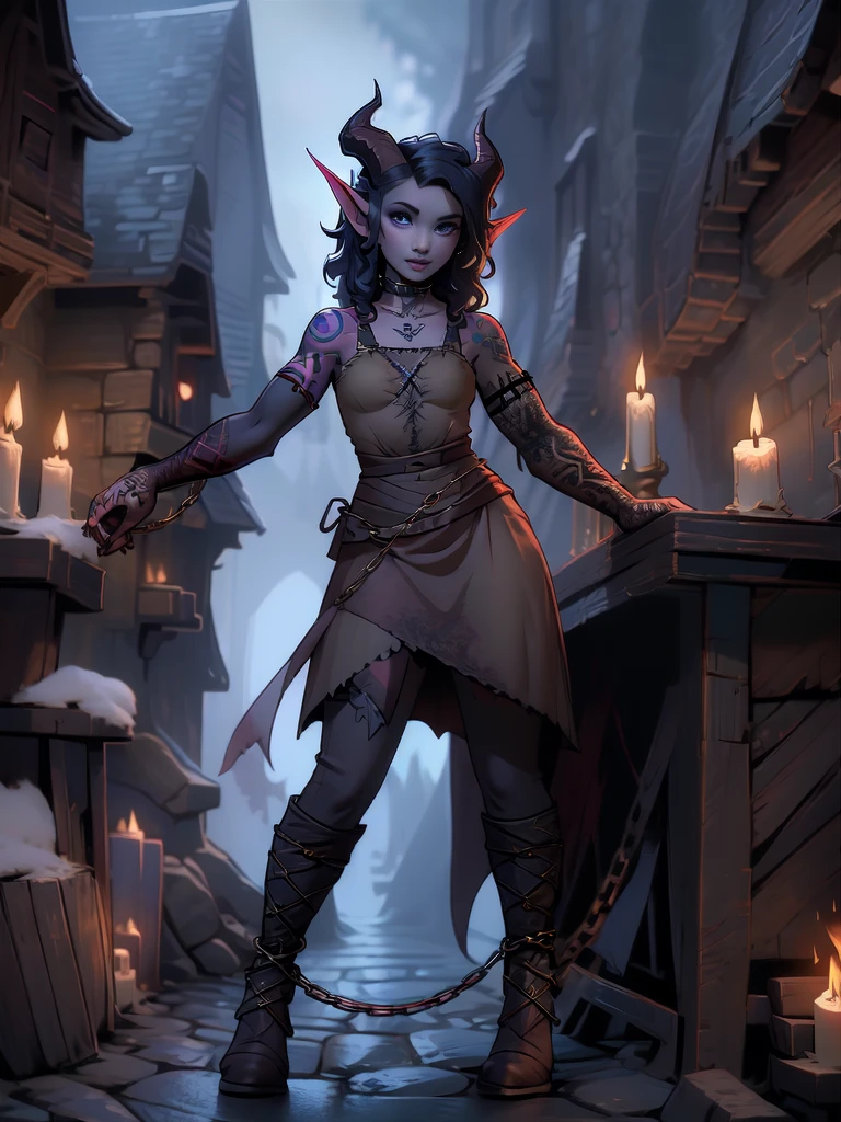 (( beautiful ,  high quality)),  full-length portrait , (slim tall graceful ) score_9, score_8_up, score_7_up, A tiefling, pointed ears, ((very small tiny horns)), ((Black hair up to the neck )) .  1girl, fantasy background, blurred background. Full-length portrait . ((on 1 arm there is a tattoo in the form of a chain)).  medieval clothing . 