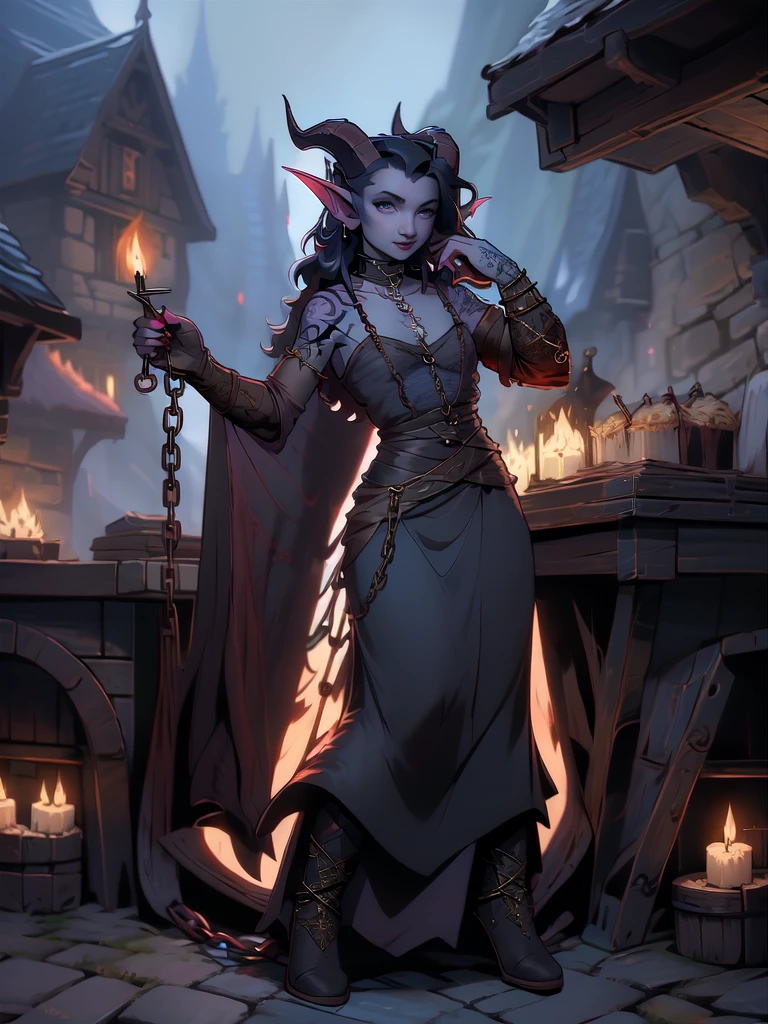 (( beautiful ,  high quality)),  full-length portrait , (slim tall graceful ) score_9, score_8_up, score_7_up, A tiefling, pointed ears, ((very small tiny horns)), ((Black hair up to the neck )) .  1girl, fantasy background, blurred background. Full-length portrait . ((on 1 arm 1 tattoo in the form of a chain)).  medieval clothing . 