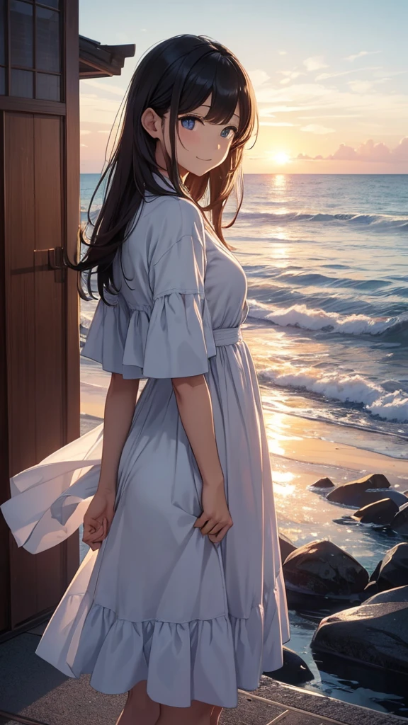 (Close-up:1.4)、(RAW photo:1.2)、(photorealistic:1.4)、(masterpiece:1.3)、(highest quality:1.ung japanese woman、(night scenery:1.2)、thin clothes、girl、Put one foot in the sea、standing on tiptoe、cute girl、Landscape、Between the horizon and the sea、view from the side、Ripples spreading from the toes、Standing about 20 meters away、on the sea、beach、The whole scene shineeteors、illumination、