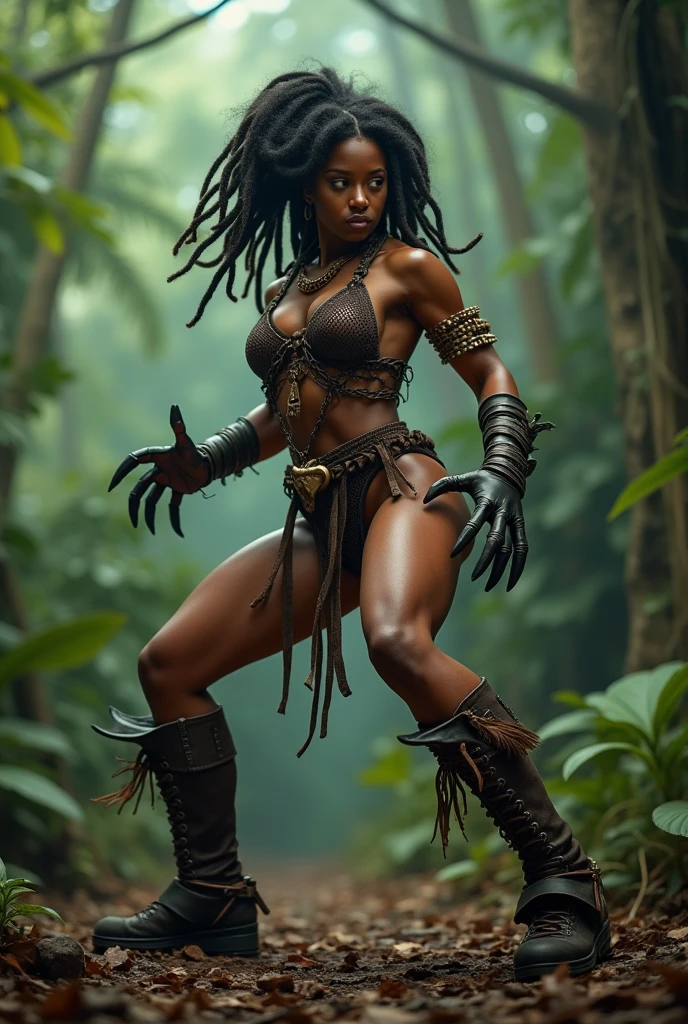 Image Prompt:
Masterpiece, (black panther:human woman fusion:1), regal and powerful, muscular physique embodying the grace of a big cat, subtle human features, vivid fur texture, high detail skin, realistic eyes gleaming with intensity, lush green jungle background, (UHD, 8K wallpaper, High resolution), cinematic lighting, dramatic shadow play, enchanting natural atmosphere, award-winning, extremely detailed fur and human features, photo-realistic, Canon EOS 5D Mark IV, 70-200mm F/2.8 IS III USM lens, by Arthur Tress.