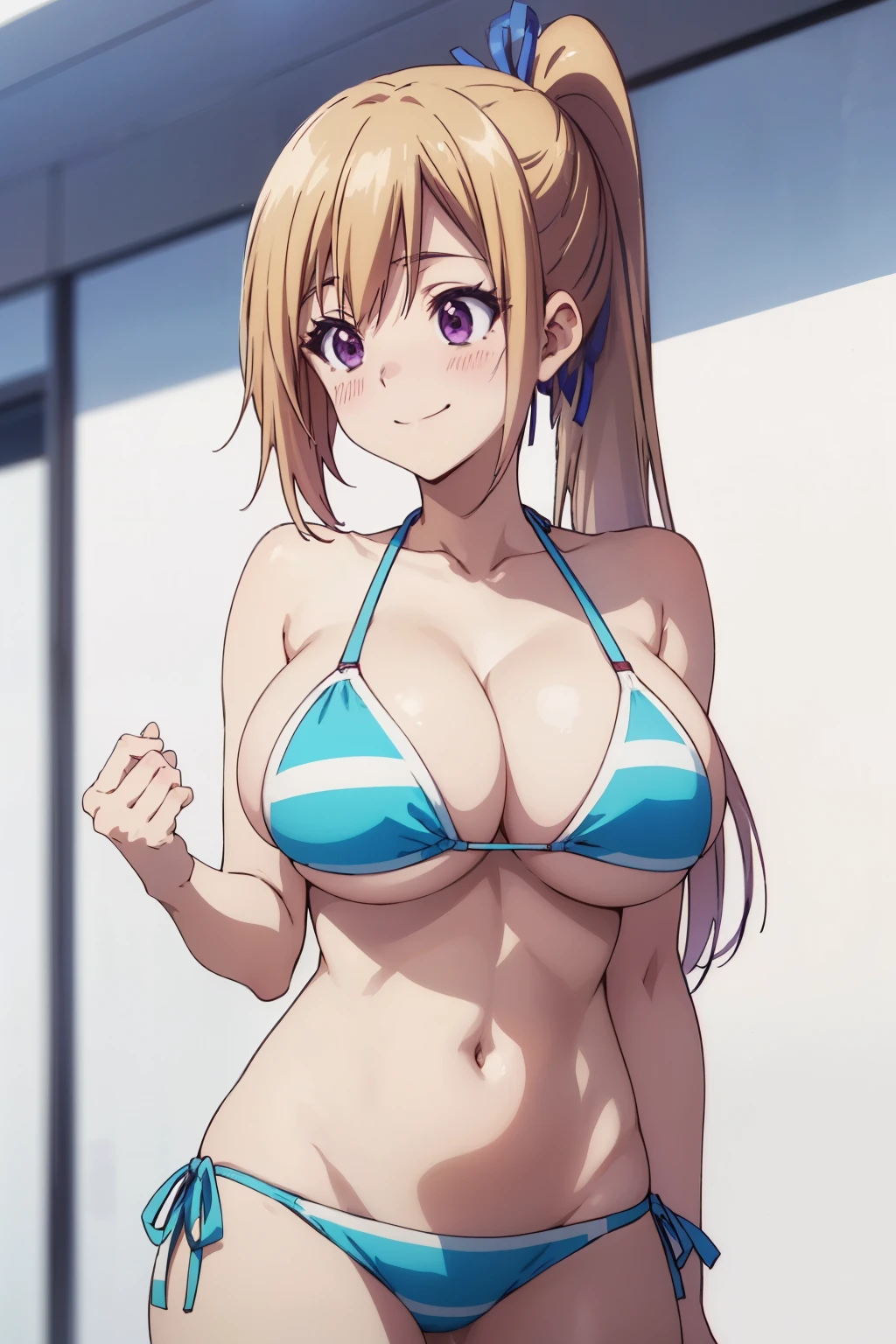 ((masutepiece, Best Quality, High resolution, anime screen cap, anime colours, in 8K, anime keyvisual)):1.5, Asuna, 1girl in, Cute, Shy smile, (Light brown long hair:1.5), 14years, (Oversized large sagging breasts:1.5), cleavage, ((White Micro Bikini:1.5, Thin fabric)), Navel Ejection, Lower your arms, Upper body, ‎Classroom, ((Perfect Anatomy, beautifull detailed face, Beautiful detailed eyes, beautiful detailed hair, Beautiful detailed body)), thick outline, Beautiful outlines, black outlines