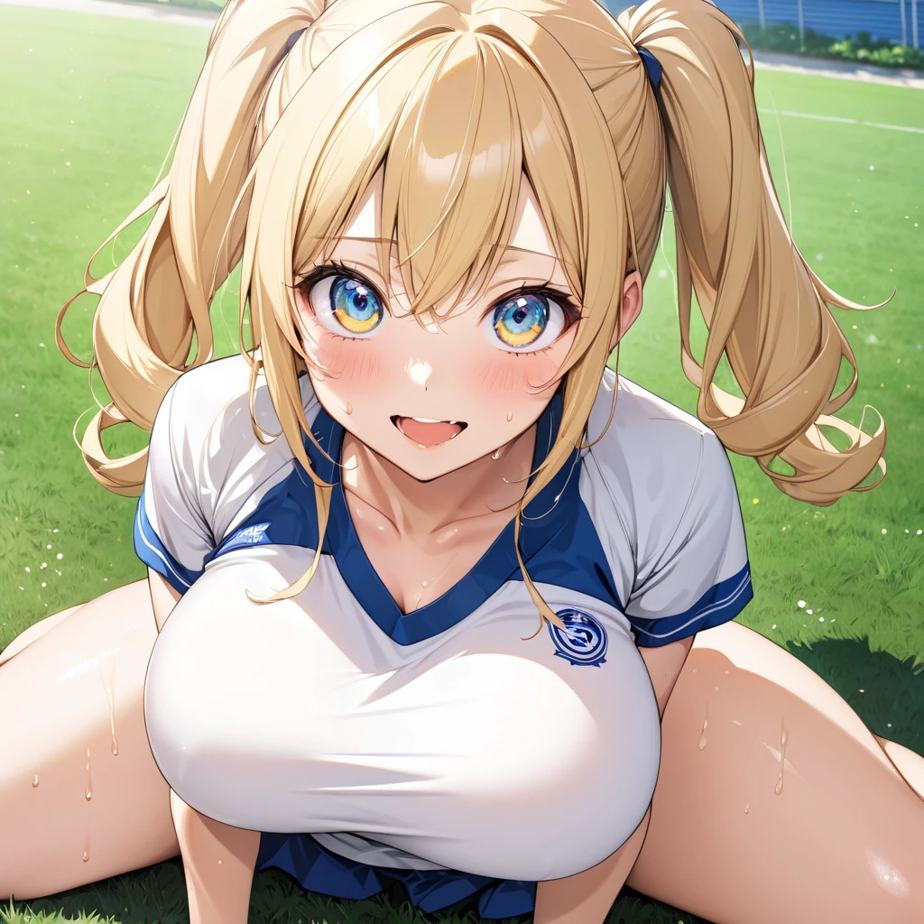 Eliase, catalyst, Yellow Hair, blue eyes, ponytail, Hair Ribbon, (masterpiece:1.2), highest quality, High resolution, unity 8k wallpaper, figure, (Beautiful and sophisticated eyes、Very elaborate face, Perfect lighting, Highly detailed CG, (Perfect hands, Perfect Anatomy), Cheerleader, abdomen, Cleavage, Grass, Sitting, (Bent knees)