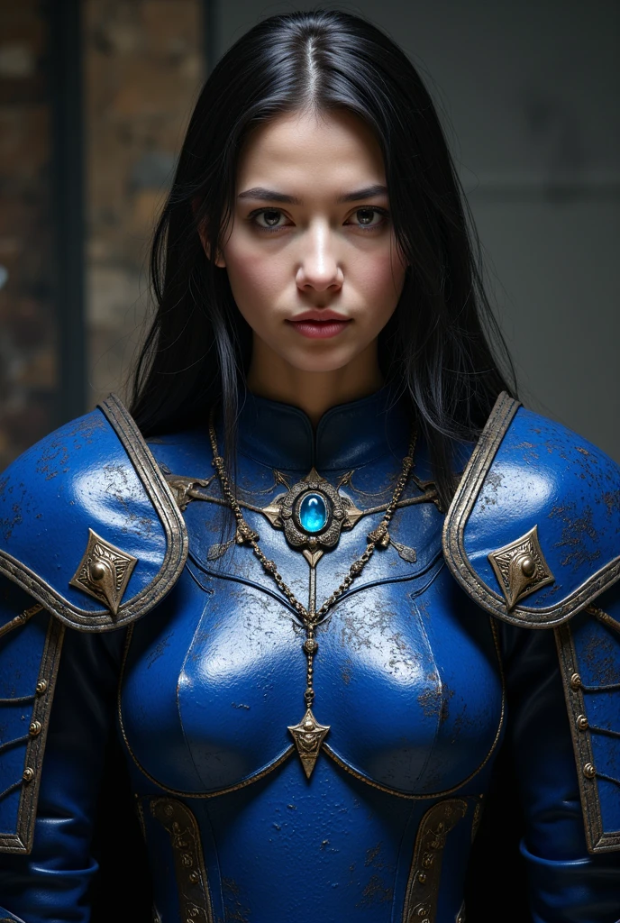 1girl, armor, black_hair, blurry, blurry_background, blurry_foreground, breasts, blue_eyes, closed_mouth, depth_of_field, earrings, jewelry, long_hair, looking_at_viewer, smile, solo, upper_body
