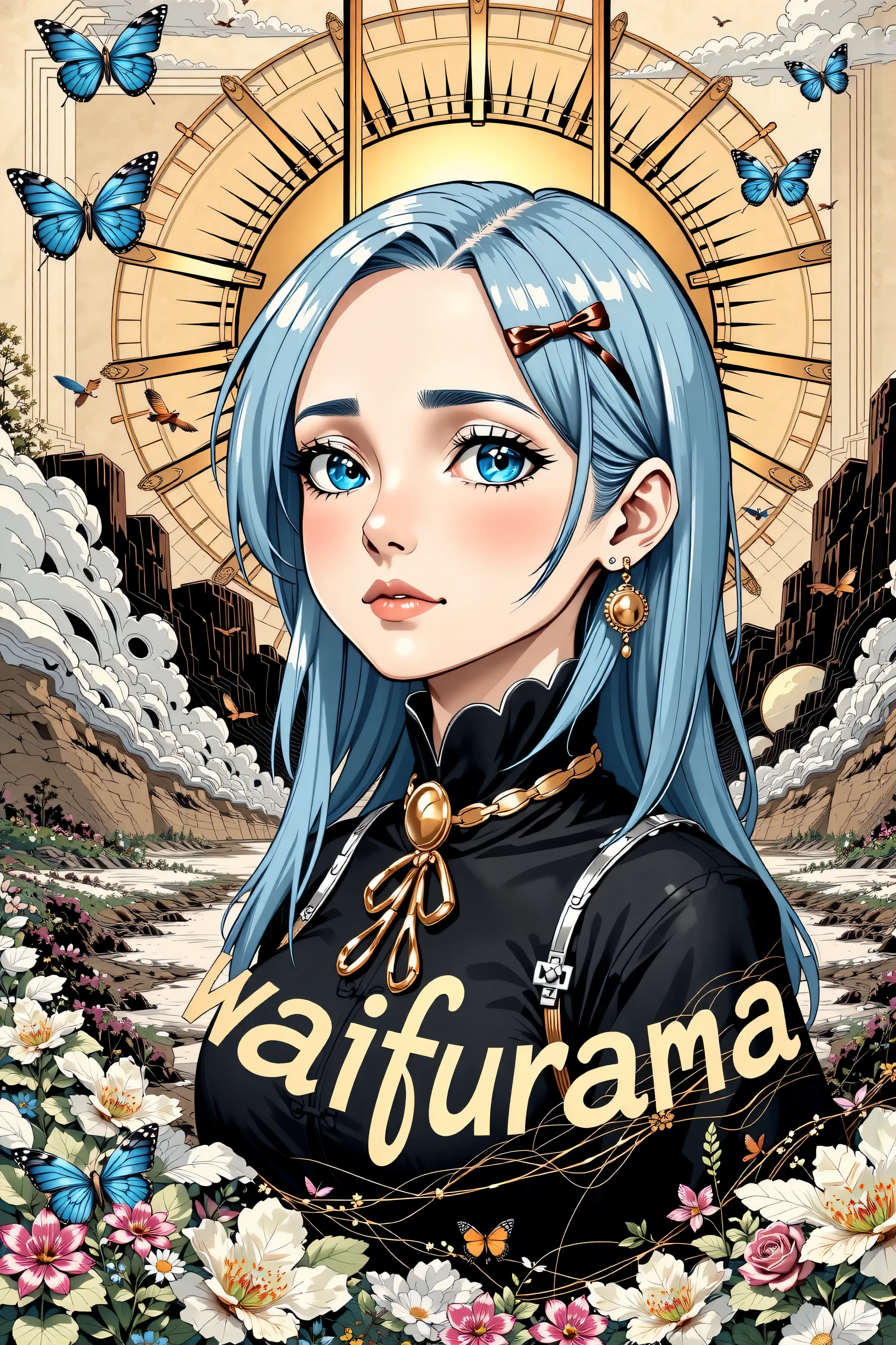 Create a creative arts collage, inspired by the art of Moebius using a collage technique, ((the word "Waifurama" written within it)), Rem from Re:Zero, blue hair, blue eyes, 