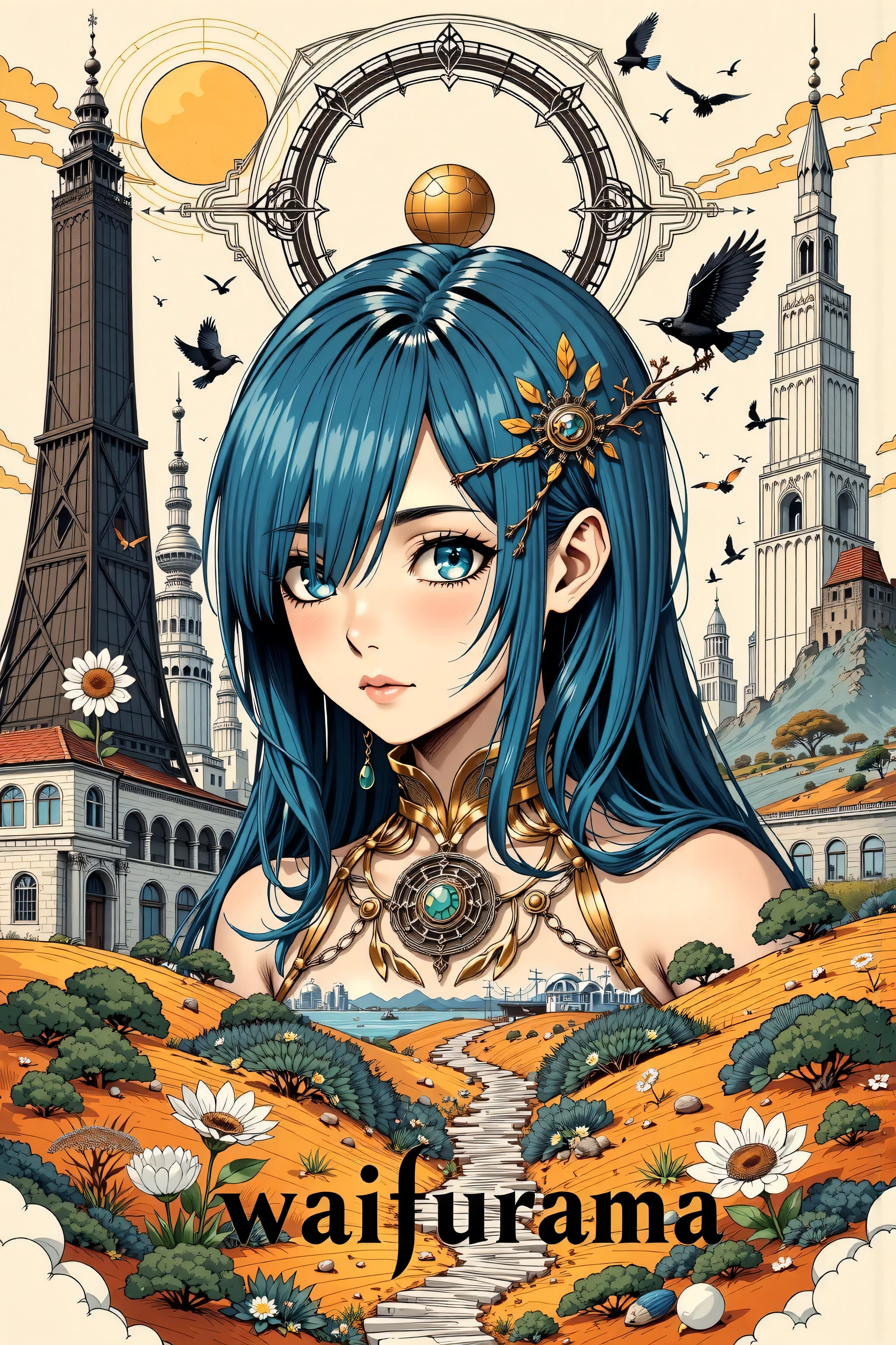 Create a creative arts collage, inspired by the art of Moebius using a collage technique, ((the word "Waifurama" written within it)), Rem from Re:Zero, blue hair, blue eyes, 