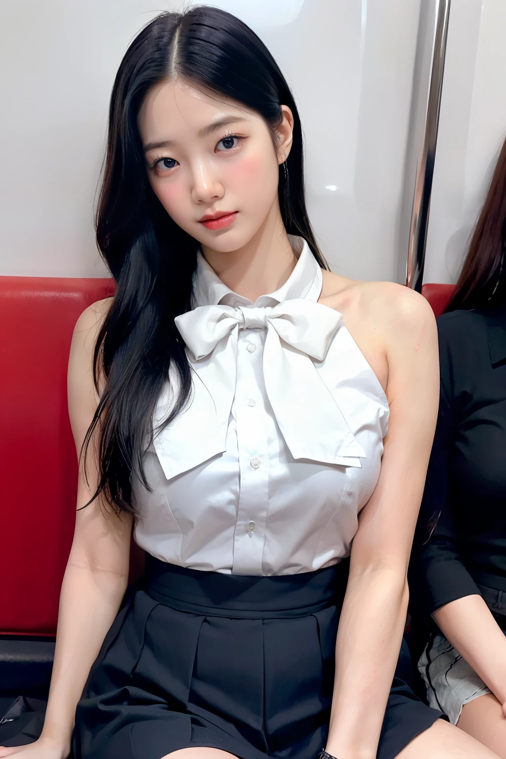 masterpiece, High resolution, Ultra High resolution, 4K, perfect hands,Black Hair, Japanese Girls, Navy blue Uniform skirt, White shirt, bow tie, Accentuate your thighs, White thighs, Soft thighs, Shiny thighs, Sitting on a train, Facing angle, Angle from below, Sitting on a train Seat, Sit in front, Zoom camera to hip joint, Put your feet on the train floor, whole body, Looking down and sleepy, Watch only viewers, Highest quality, Ultra High resolution, Realistic, High resolution, detailed, RAW Photos, sharp, Nikon Film Pictures, Images and Stock Photos, Rich lens color, Ultra-realistic and realistic texture, Dramatic lighting, Unreal Engine,