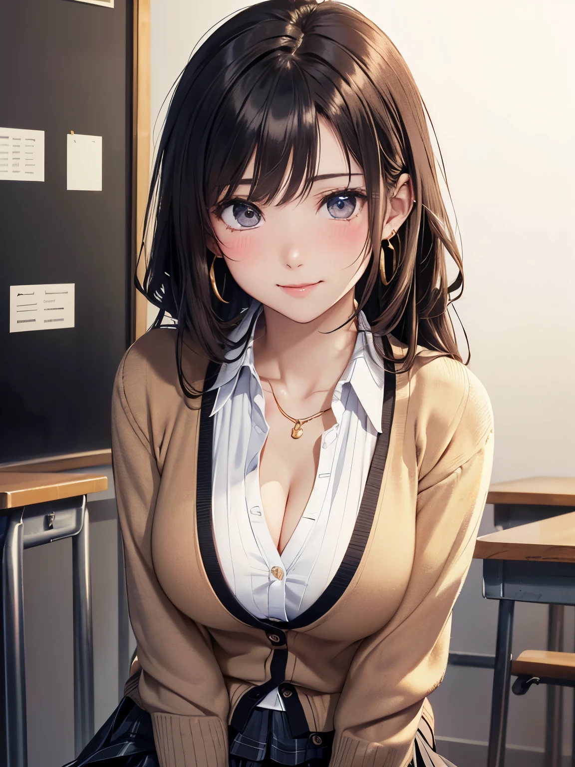 (High quality, High resolution, Fine details, Realistic)、Light beige turtleneck knit、Puffy nipple、 pencil skirts、  20 years old, governess、‎Classroom、sit a chair、Place your elbows on the desk.、Smile、Stretch your hands above your head、medium udder、dark brown hair