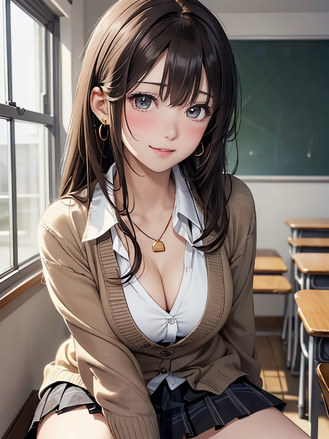 ((Tabletop, Highest quality, High resolution, Hmph, Pixel perfect, 4K, Hmph, Hmph))), One Girl, single, alone, Beauty、The whole body is visible、 ((Short Wavy Hair, bangs, Brown Hair)), ((Brown eyes, Beautiful eyelashes, Realistic eyes)), ((Detailed face, Blushing:1.2)), ((Smooth texture:0.75, Realistic texture:0.65, Realistic:1.1, Anime CG Style)), Medium chest, Dynamic Angle, Perfect body, ((White shirt, Unbuttoned shirt、I'm not wearing shoes、White Sox)), An empty classroom、Sit at a desk、Lower'I took my feet off the desk.........................................................、evening、、、Very embarrassing panic smile、(Spread your legs、Knees wide open、Floral lace panties)、、(Pink lace bra)、Angle from below