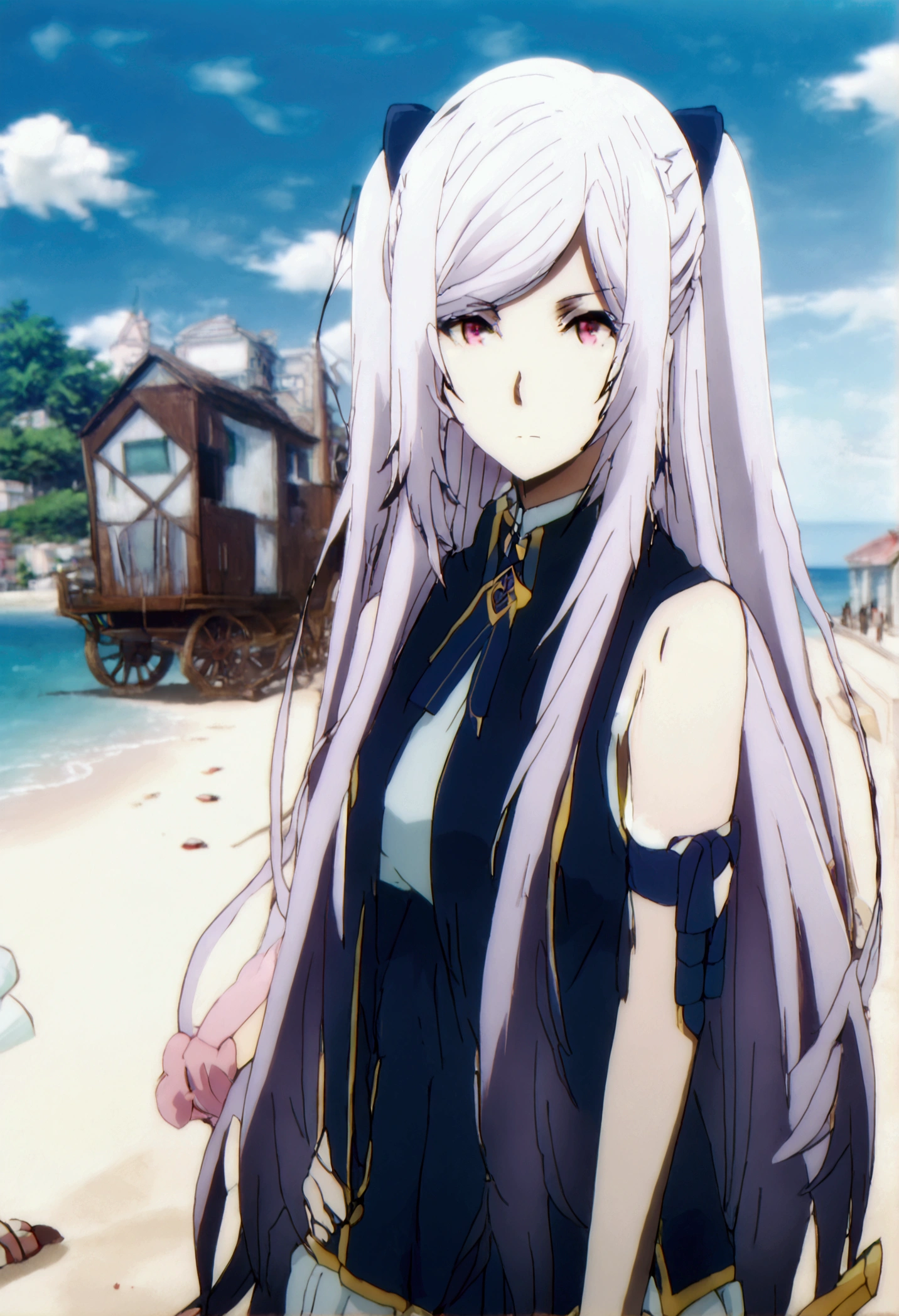 1 girl, Alexia Midgar, Alexia Midgar, long hair, very long hair, hair Love,  white hair, Ojos rojos, sideburns, Love, thighhighs,outdoors, on the beach ,looking at the viewer,  Dutch angle , Slingshot 