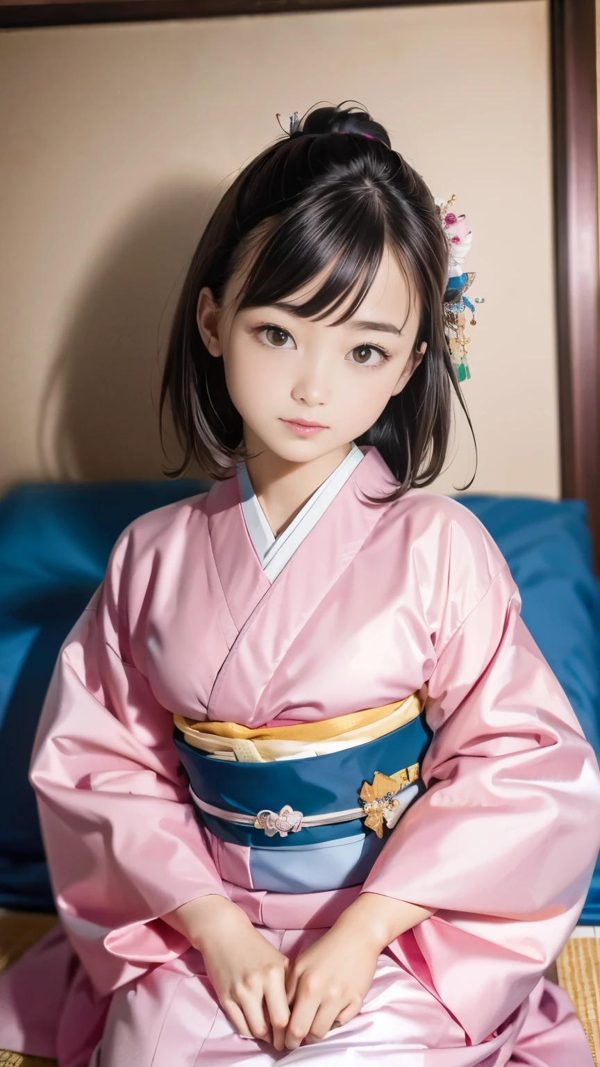 realistic 、masterpiece、 top quality、 girl、woman、there is nothing、 portrait、Photo Light、(( Pink and Green Colorful Kimono:1.1))、Nishijin weaving、Floral、 middle breasted、( is on the rise: 1.2)、 Straight Black Hair Long 、 Cowboy Shot 、Bob Square Background 、Japanese-style room、 lying on a futon、On the futon、stripped clothes 、evening