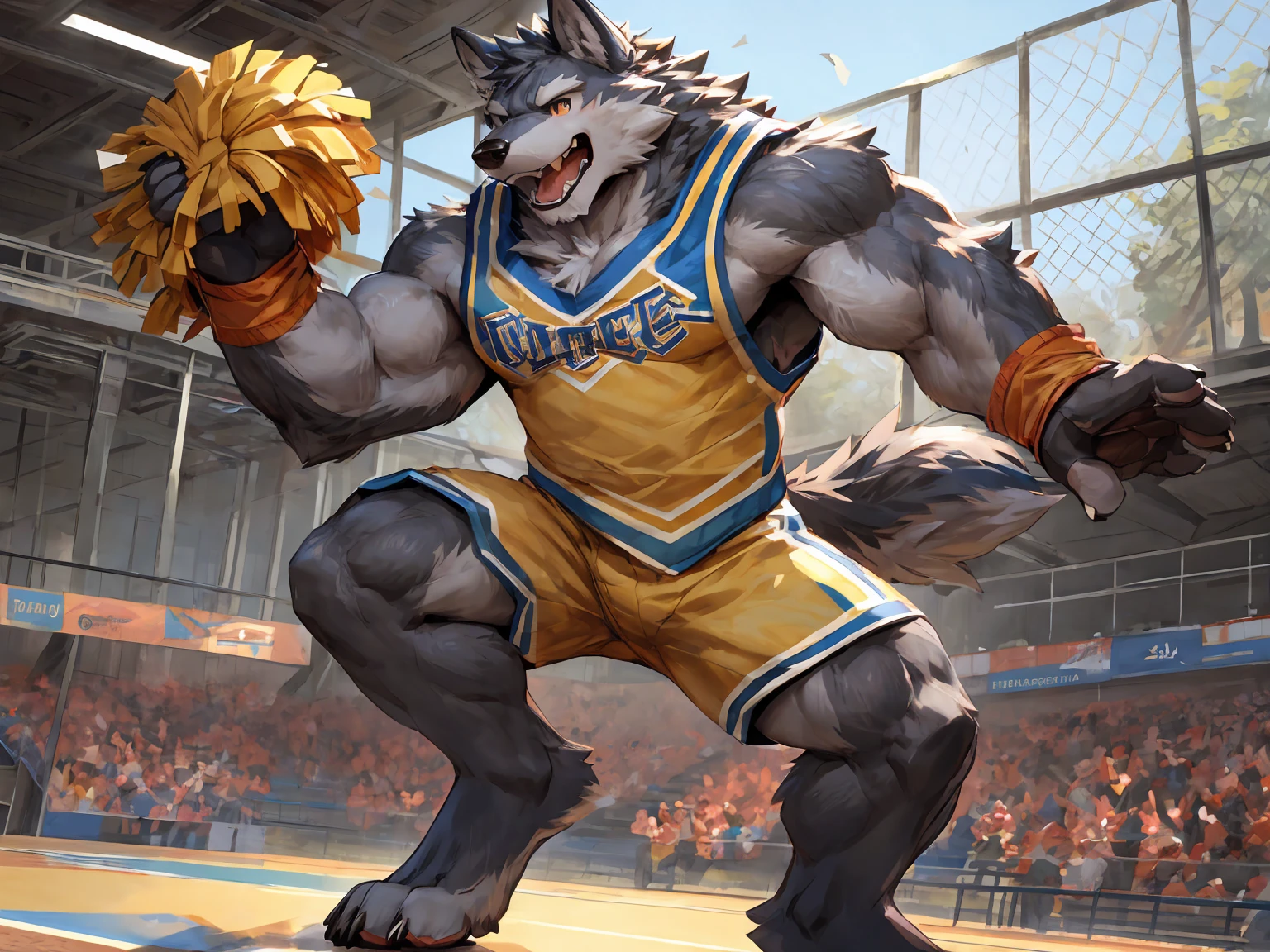 wolf, (gray fur:1.3), solo, Campus Basketball Court, paw pads details, cheering gesture, exposing the armpit, encouragement gesture, yellow Cheerleader uniform, Bleachers, masterpiece, (16K), HD, Various facial details, detailed background, very detailed, dynamic poses, Eyes details, high resolution, high quality, correct anatomy , cartoon, by lindong, by null-ghost, holding Pom-poms, holding Poms, shorts