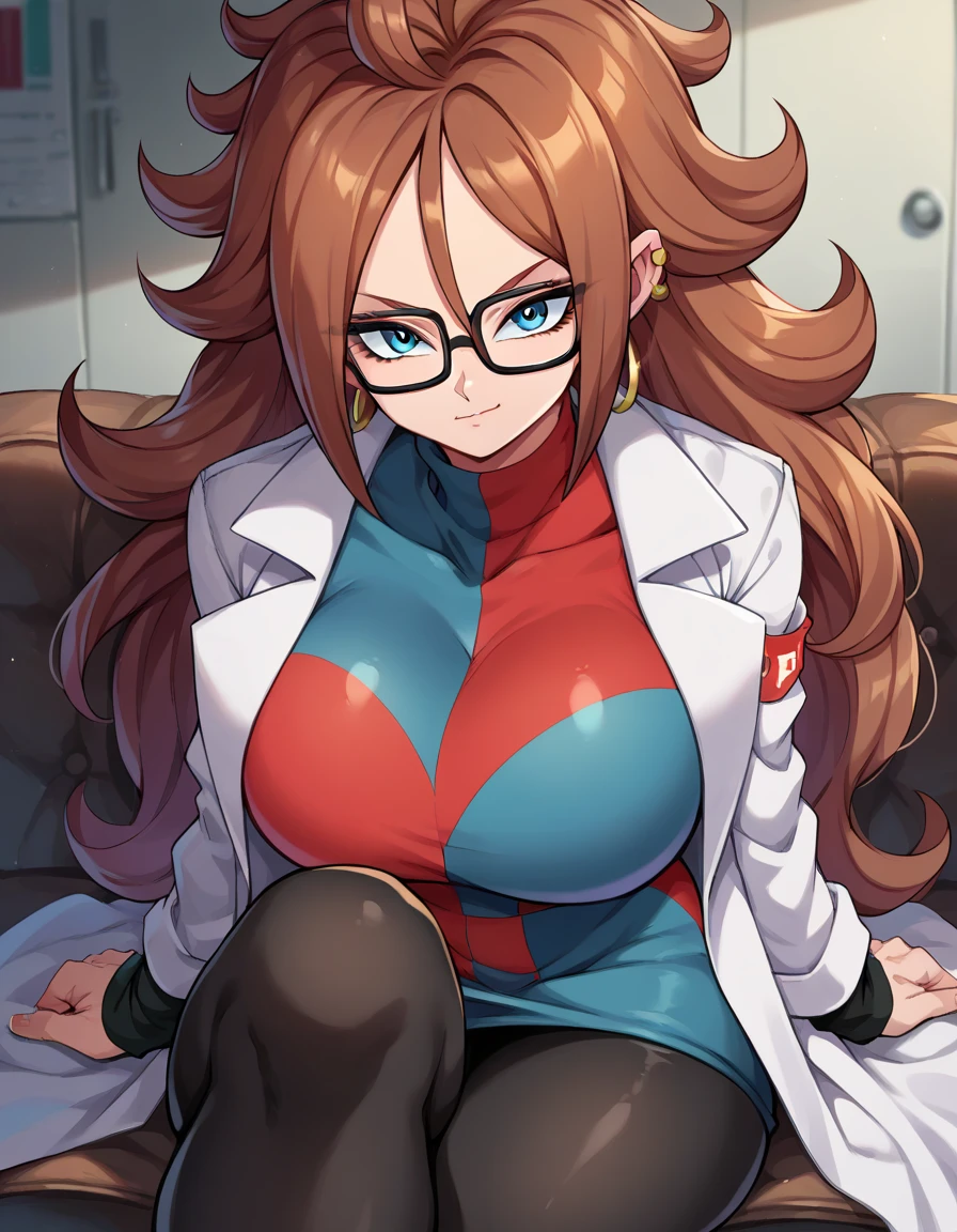 android21, android 21, blue eyes, brown hair, glasses, long hair, very long hair, black-framed eyewear, serious face, little smile, close mouth, black sleeves, checkered clothes, checkered dress, detached sleeves, dress, lab coat, turtleneck, indoors, Black pantyhouse looking at viewer, sexy body, huge breasts, thick legs, wide hips, front view, above view, sitting on sofa, crossed legs, Black pantyhouse, complet body, Black pants, lab Coat, White lab coat