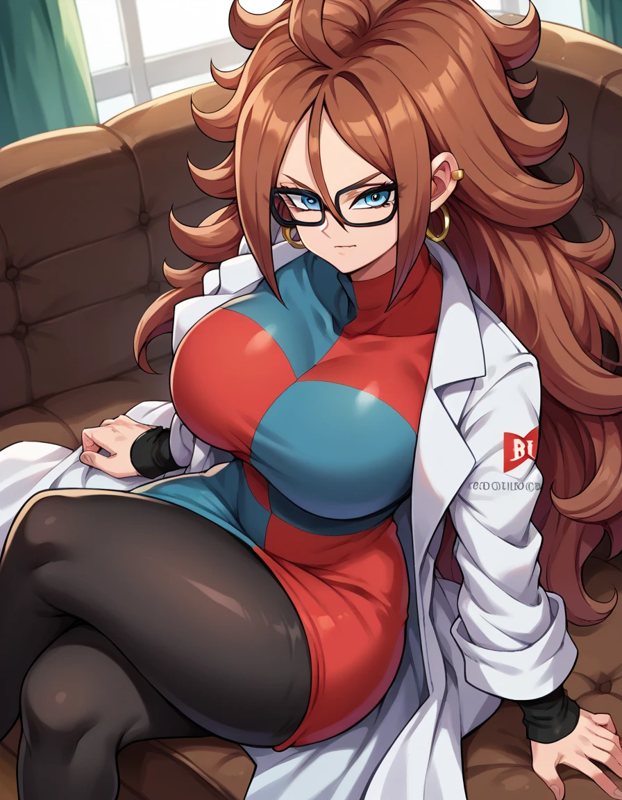 android21, android 21, blue eyes, brown hair, glasses, long hair, very long hair, black-framed eyewear, serious face, little smile, close mouth, black sleeves, checkered clothes, checkered dress, detached sleeves, dress, lab coat, turtleneck, indoors, Black pantyhouse looking at viewer, sexy body, huge breasts, thick legs, wide hips, front view, above view, sitting on sofa, crossed legs, Black pantyhouse, complet body, Black pants, lab Coat, White lab coat