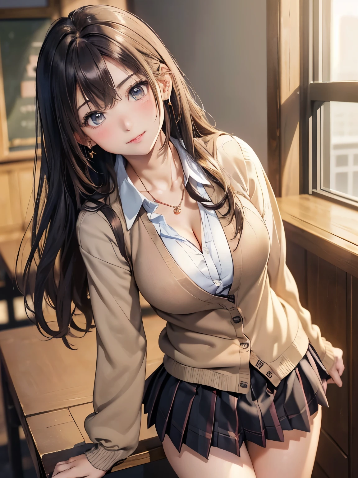 ((highest quality、Mastepiece、High resolution))、(((Zoom photo from above:1.95、15 years old、blush、high school girl、blazer、shirt、skirt、black tights、Cute smile:1.5、、Wet body、Wet Hair、Cleavage、Brown Hair、Semi-long hair、In the classroom)))
