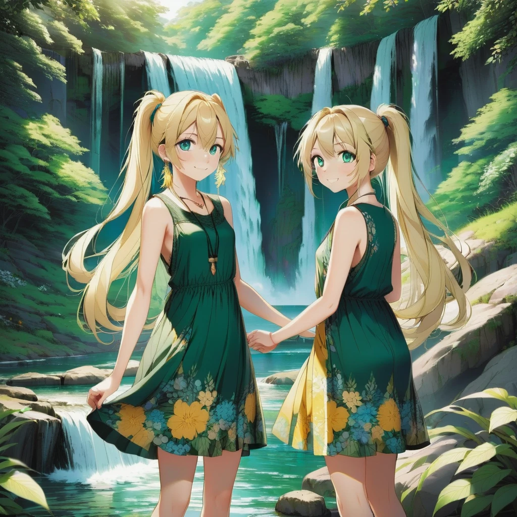 (anime),((background of a waterfall),(1 cute girl),(standing),(medium shot),(focus on face),(standing),(age 25),(smile),(long blonde hair),(ponytail),(necklace),(earrings),(blue eyes),(perfect eyes)(dark green sundress with yellow floral pattern),(perfect hands))