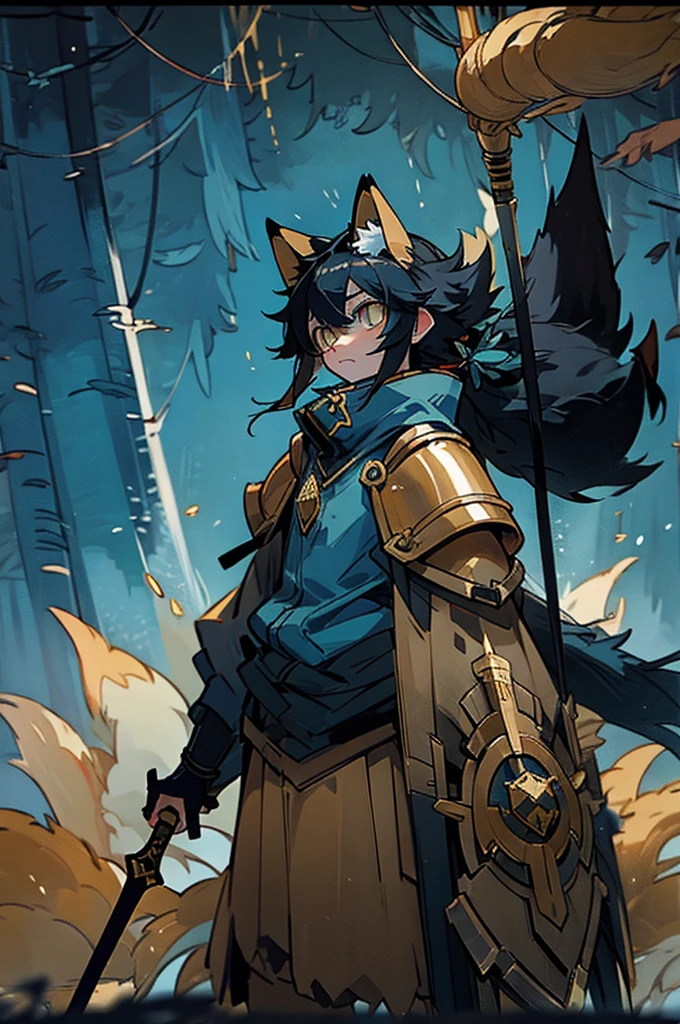 (Rimuru tempest, fox ears and tail, black hair, golden armor, short, serious, golden shield and glaive) Dark forest