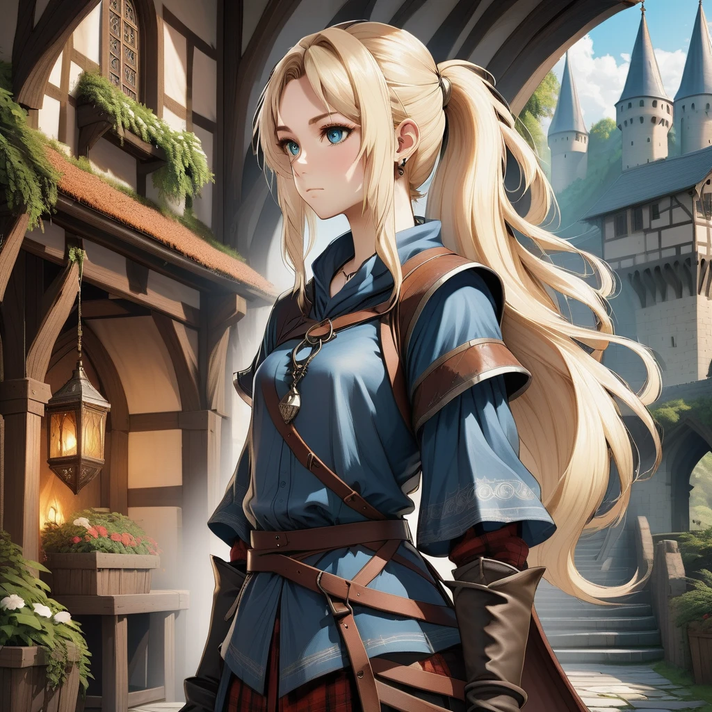 (anime),((fantasy role-playing game),(RPG style),(fantasy),(medieval background),(1 girl),(caucasian),(Standing with one hand on the waist),(age 25),(straight body),(highly detailed long blonde hair),(Ponytail with a twist style),(Speechless Expression),(perfect hands),(Perfect eyes),(medieval style clothing),(comfortable Light Silver leggings),(stylish flannel shirt),(sturdy sneakers),(wide-brimmed hat),(Leather Necklace),(Cluster Earrings),(Zoom Shot),((side view)),(Hip Level Shot),reminiscent of high fantasy RPG games)