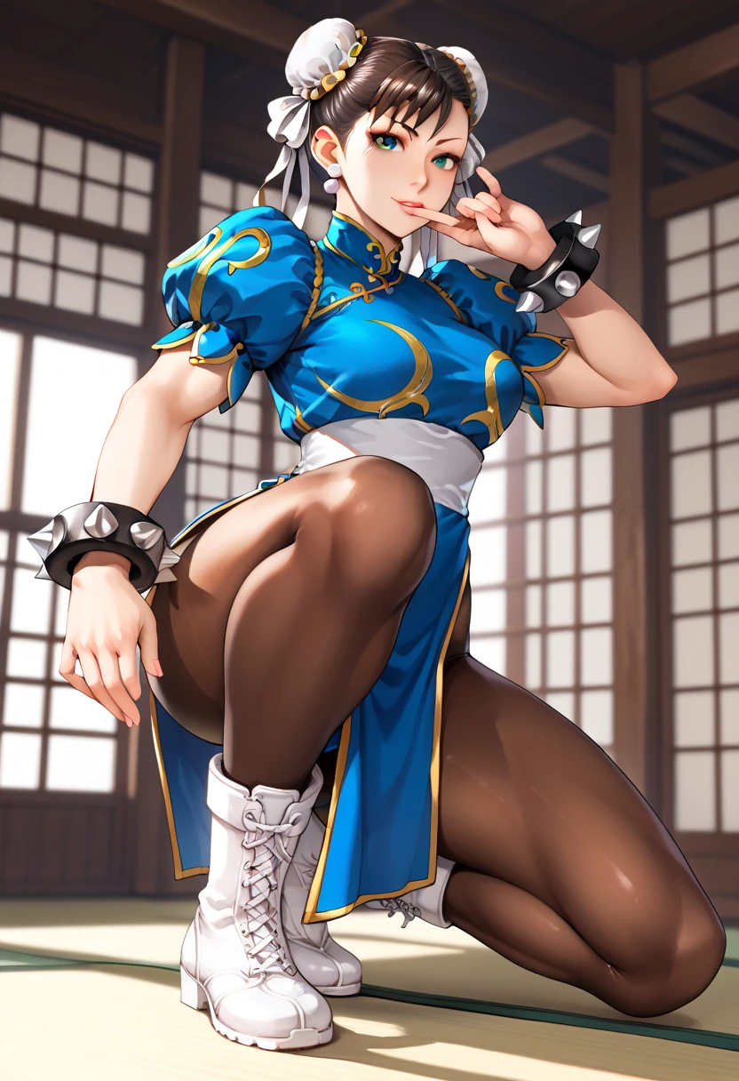 sfw, anime style, extremely detailed CG, high resolution, best quality, masterpiece, single woman, Chun Li (Street Fighter), brown eyes, (beautiful detailed eyes: 1.4), dark brown hair, buns, blue qipao, short sleeves with spiked cuffs, spiked wristbands, brown sheer tights, calve-high white boots, natural pose, dojo