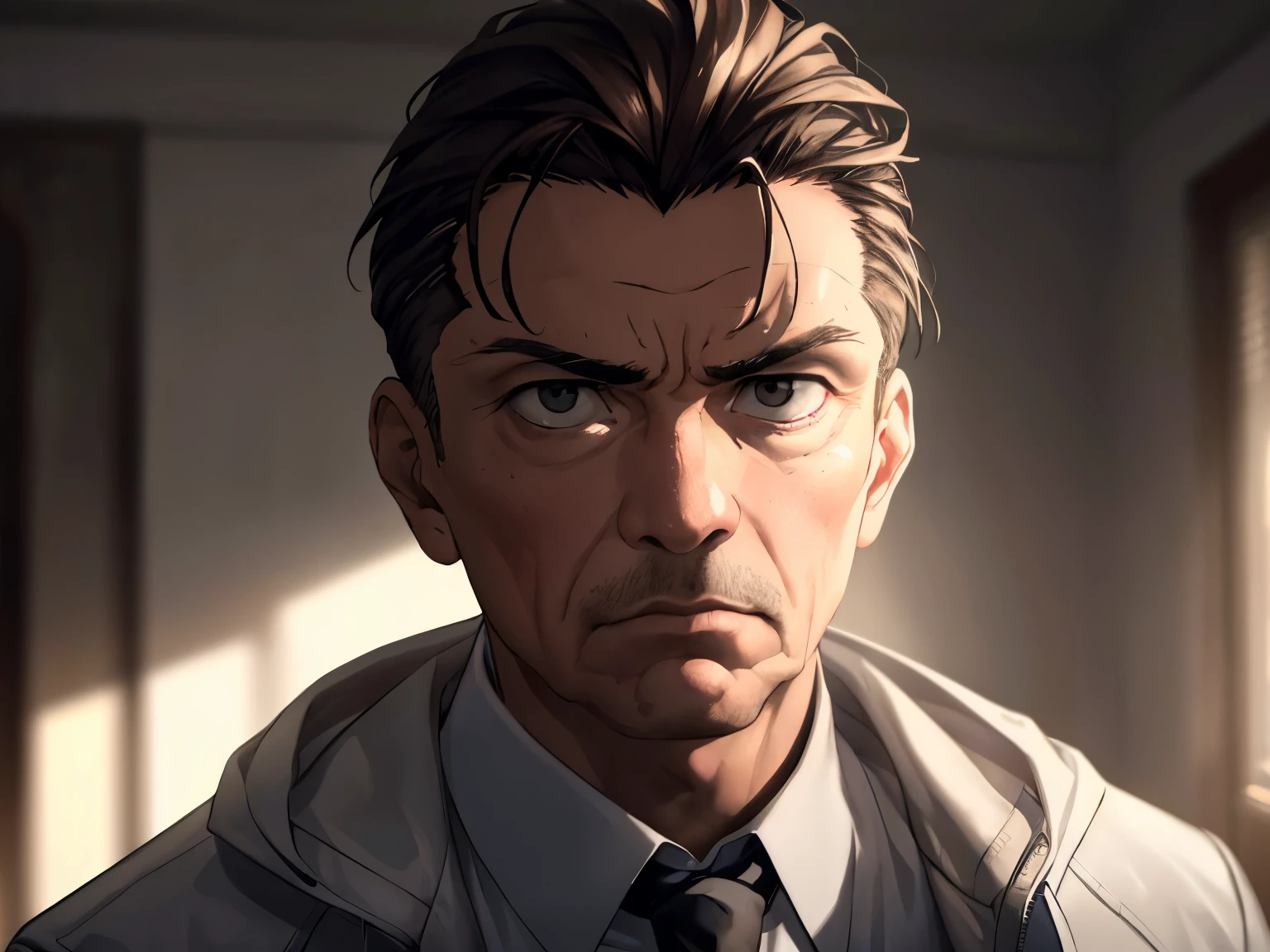 (glaring, scorn), 1 male, (upper body), black eyes, ((sanpaku)), ((hair slicked back)), (dark brown hair), (white coat), cinematic lighting, dramatic lighting, Sharp Focus, (Best Quality, masterpiece, detailed, facial focus), (in the room, gray tone background), [old man, elderly]