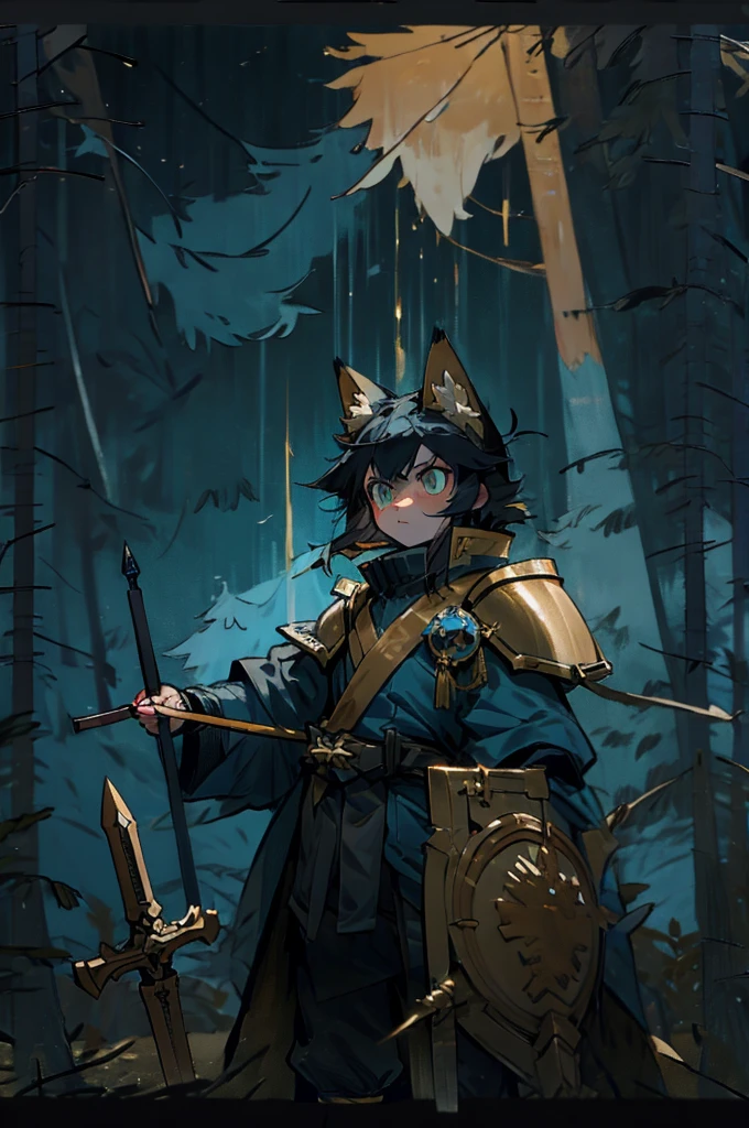 (Rimuru tempest, fox ears and tail, black hair, golden armor, short, serious, golden shield and glaive) Dark forest