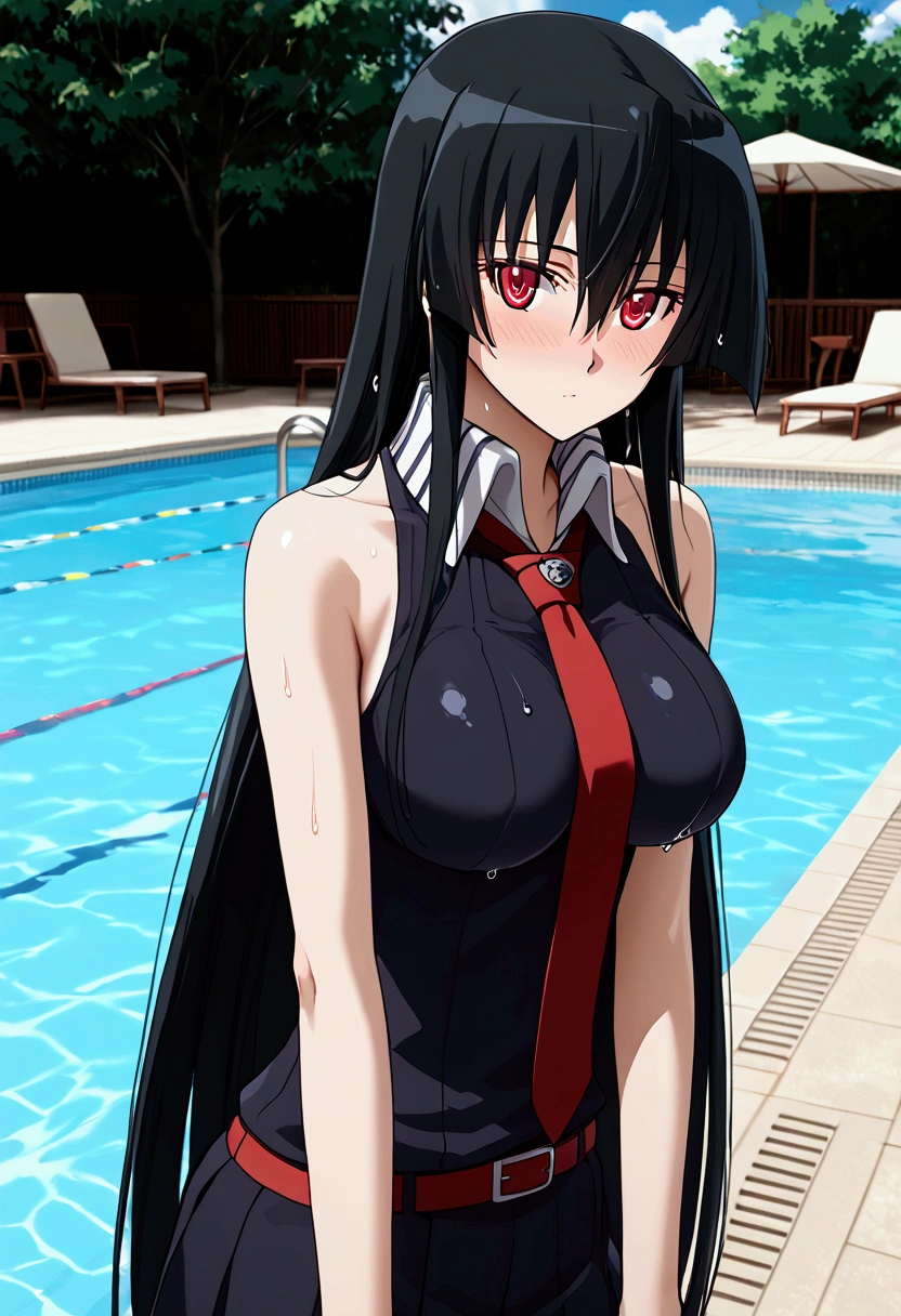 A highly detailed portrait of a beautiful girl with long black hair, red eyes, and hair between her eyes, posing in a pool with a wet body, large breasts, and blushing expression,Akamegakill, abdomen definido,  sin ropa interior, desnuda, encima de un pene, recibiendo semen dentro de su vagina,