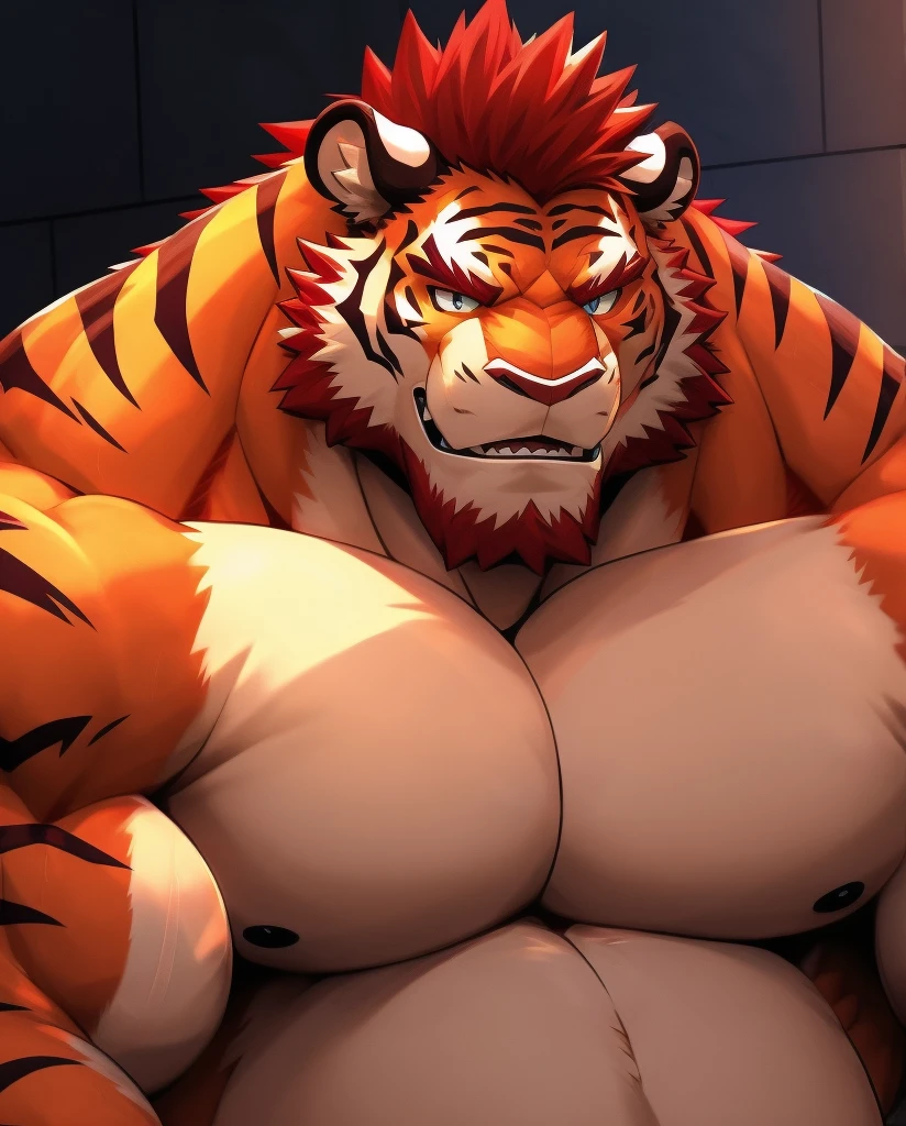 fat muscle daddy tiger dragon , full body , (face detailed ) , (eyes detailed ) , red hair
