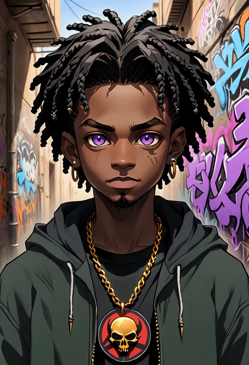  
(foco frontal), (8k, 4k, intricate),(closeup-shot:1), (highly detailed:1.2),(((detailed background:1.2,graffiti walls, apocalyptic alleyway)))scarred face, heterochromia, different colors eyes{{{dark green and violet eyes))), 2 0 years old, young adult male; dark skinned hansome man with ear piercings standing for a photo, a cartoon picture of a person with a dark grey hooded jacket and a golden chain-necklace, streetwear hoodie , goatee, trigger anime artstyle, in an anime style, demon slayer rui fanart, lil uzi vert, unknown artstyle, 2 d anime style, in style of tyler mitchell, anime style character, ufotable art style, portrait of apocalyptic bandit, he wears an torn up hoodie, black shirt with patches, detailed hairstyle((faded haircut, braided dreadlocks))detailed character portrait, portrait of a athletic male character, colored sketch, demon slayer rui fanart, unrealistic character concept , apocalyptic desert, apocalyptic background, night time), Masterpiece, best quality, {best quality}, {{masterpiece}}, {highres}, focus, anime style, baggy eyes,, smiling,, African-American model,, colored sketch, fanart, digital art from danganronpa, drawn in the style of mark arian, androgynous black boy who looks like Lucio, stylized portrait, solo portrait 🎨🖌️, a character portrait