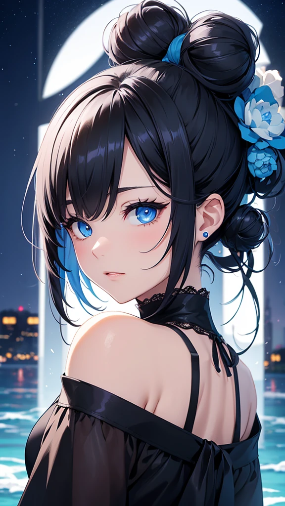 top-quality、Top image quality、​masterpiece、girl with((cute little、18year old、Best Bust、Medium bust、Bust 85,Beautiful blue eyes、Breasts wide open,Black Short Sleeve T-Shirt、White see-through、Black short skirt、Ponytail with black hair、Beautiful blue earrings、A slender、Blue hair mesh、、Leaning forward、Poses that emphasize breasts、Drunk、Being drunk、close to viewer、Kamimei、From  above、Shy face、dye one's cheeks red、POV、Hugging)）hiquality、Beautiful Art、Background with((Red and blue lighting、Planetarium Town、Beautiful starry sky、Illumination Town)),masutepiece、Elaborate design、visualart、depth of fields、The best lighting、highestdetailed、8ｋ