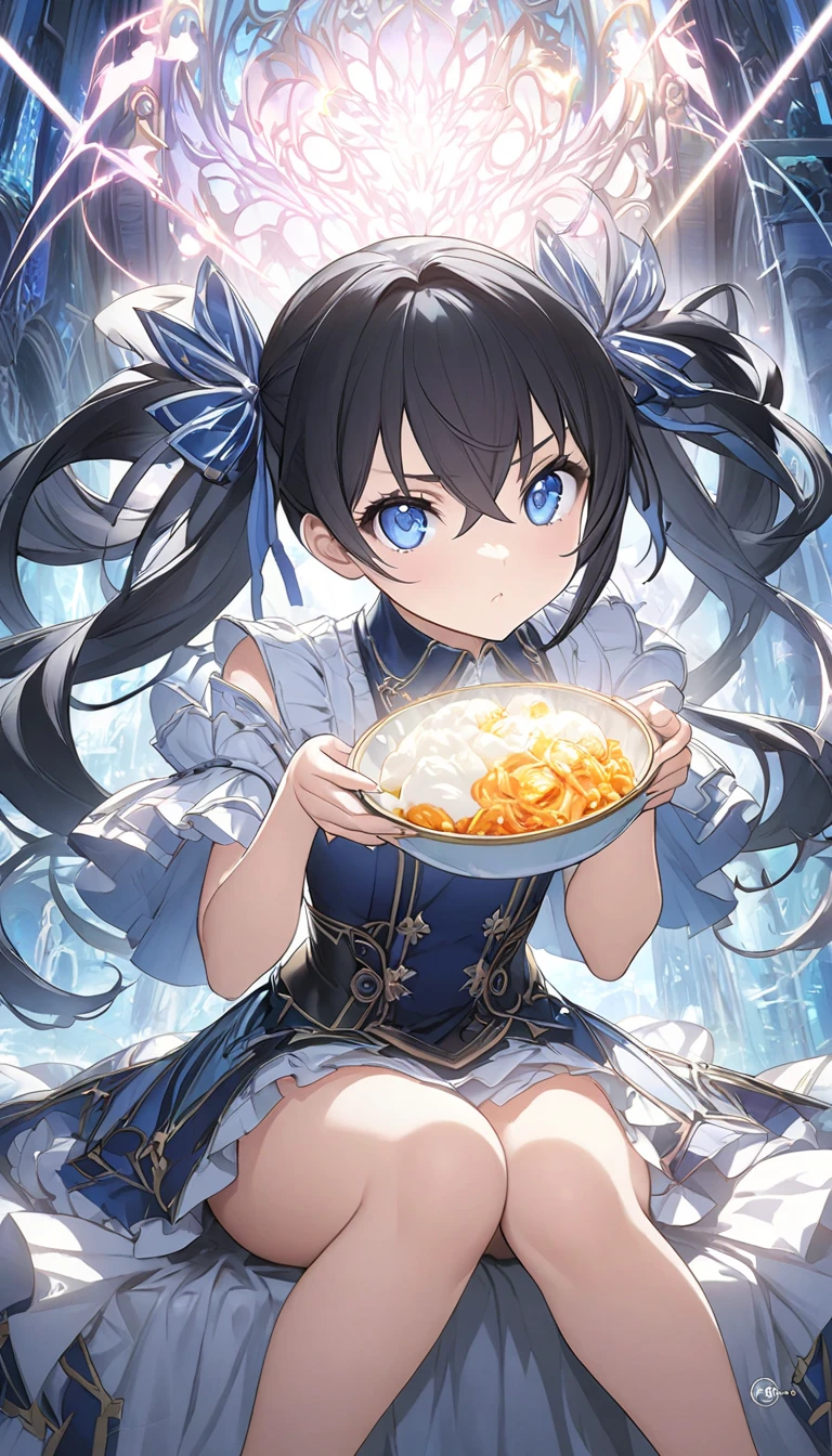 ,(  beautiful girl,  twin tail hair,  blue eyes, ribbon,  black hair,  hair between eyes , hair ribbon, sidelocks,) ,Anime girl sitting on a chair with a bowl of food in her hands, Alchemist Girl , Light novel cover art,  official art, Epic light novel art cover ,  official artwork, epic Light novel cover art, change, isekai, small curvy change, Casciato krenz, Casciato, Casciato krenz key art feminine,   Shadowverse Style, Moe