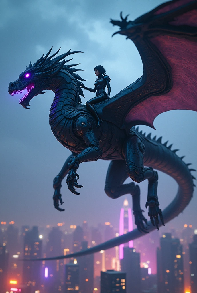 In the high skies of dark night, a gigantic robotic dragon soared above the glowing cyperpunk city, carrying a robot warrior clad in futuristic armour ((((mounted on its back)))), Its icy purple eyes and Its wings sliced through the air, , showcasing the silhouette of the female warrior mounted the gigantic  in the night sky. masterpiece, best quality, intricate details, Wide-angle lens photography, , (HR Giger:0.45), ray tracing, subsurface scattering, cinematic light, imax, dramatic atmosphere, epic, fantasy art, surrealism, 8k, uhd, hdr.