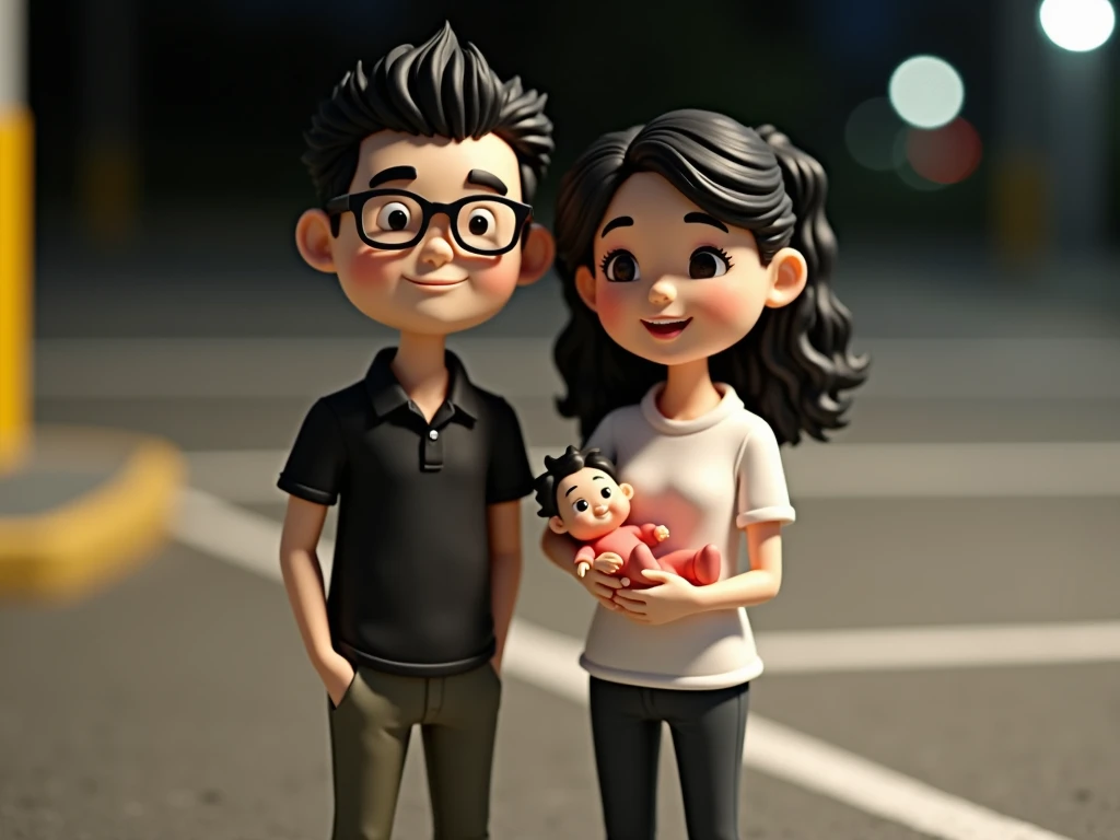 Create a 4D realistic caricature with large heads. On the left, draw an adult Indonesian Asian man wearing a pink t-shirt, ripped white jeans, and white sneakers. On the right, draw an adult Indonesian Asian woman with long hair, wearing a pink t-shirt, white jeans, and pink high heels. In the middle, place a 3-year-old Indonesian Asian girl with short hair, wearing a pink dress and pink shoes. They should be standing side by side, smiling, and displaying a sense of camaraderie and familiarity. The background should be cool and feature musical elements. The final image should be of high quality, 8K resolution." Very realistic