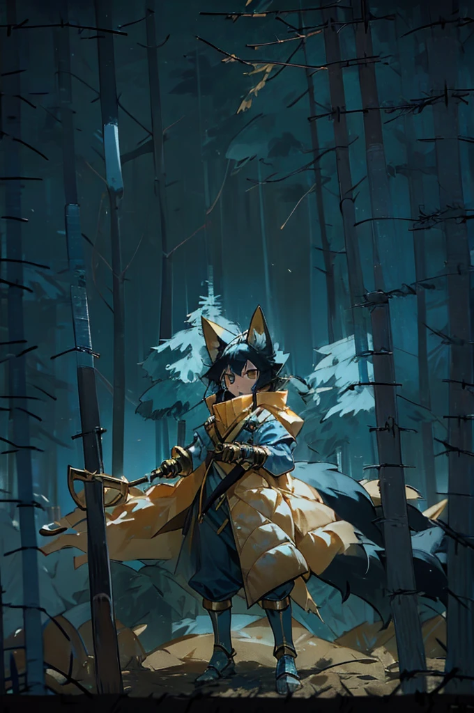 (Rimuru tempest, fox ears and tail, black hair, golden armor, short, serious, golden shield and glaive) Dark forest