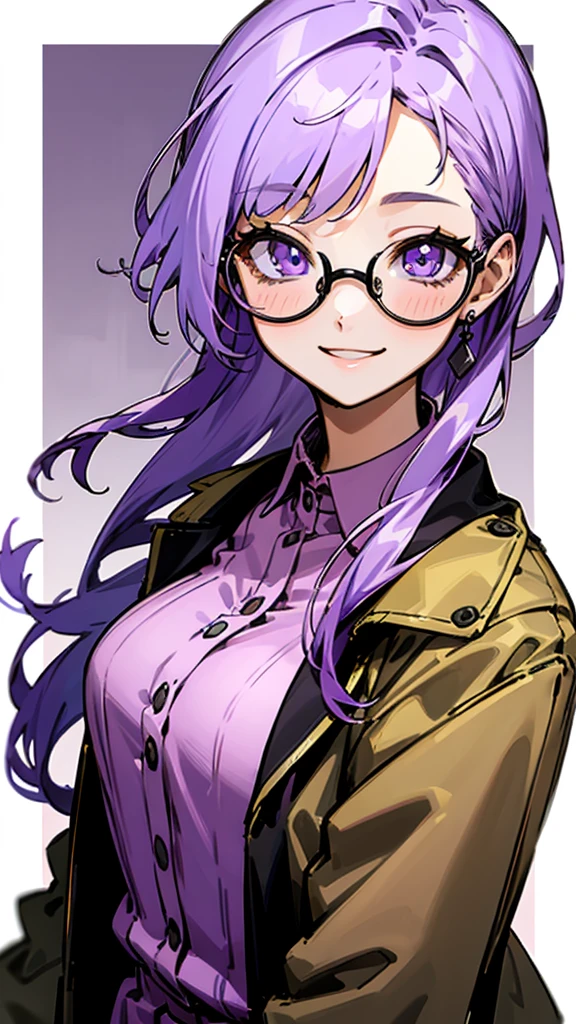 20-year-old woman、 lavender-colored hair 、Purple Eyes、 big smile 、Wearing black-rimmed glasses、 brown jacket、pink blouse shirt、 upper body